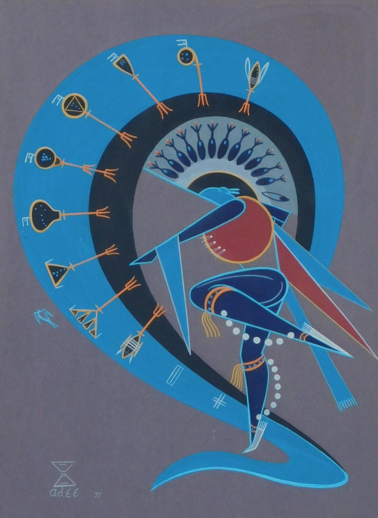 Adee Dodge (1911-1992) Gouache, 1971
Native American Artist - Navajo.
Framed under glass and in excellent condition.
Image measures 18 1/2
