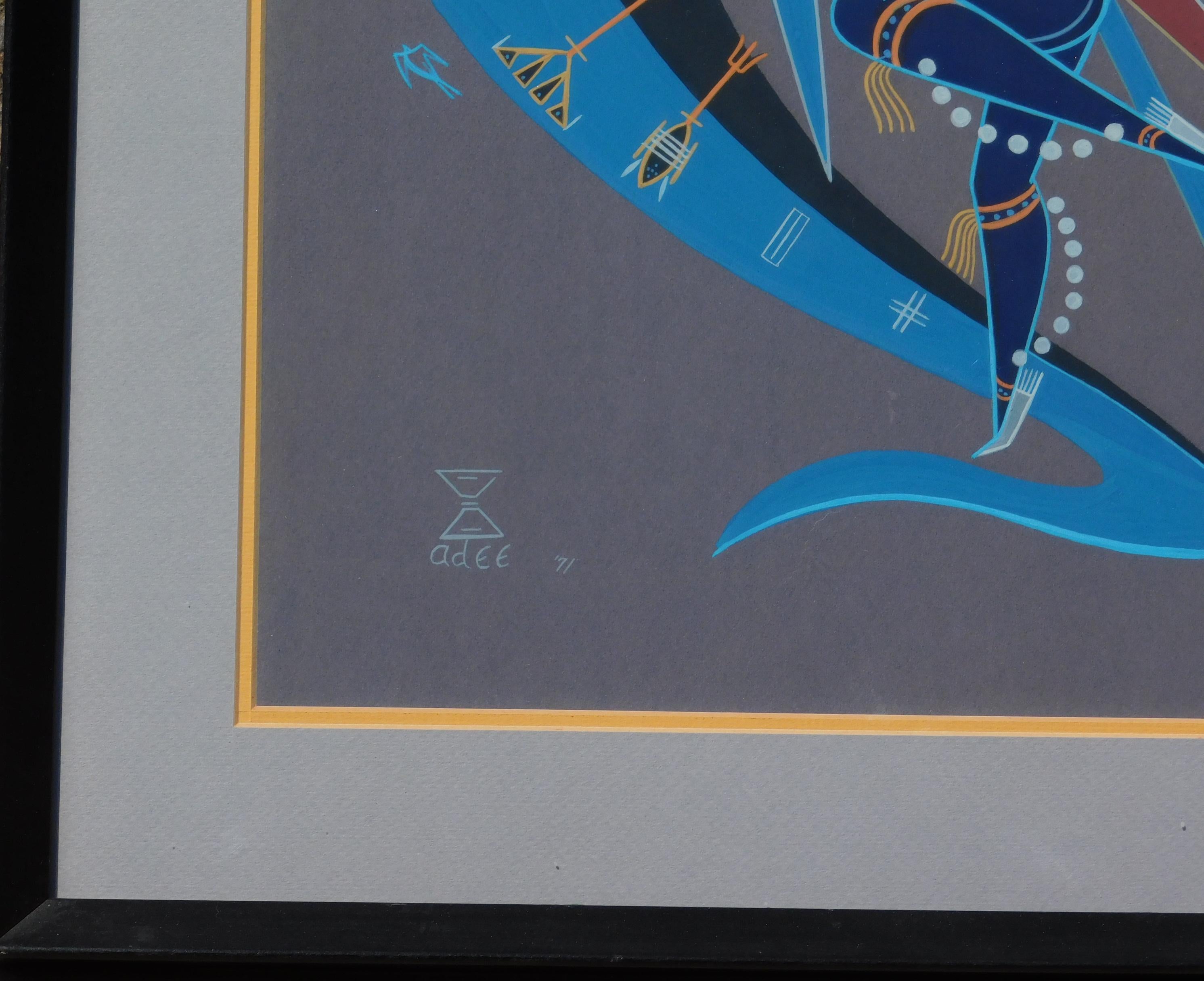 Adee Dodge Navajo Artist Original Gouache, Knife Wing Dancer in Blue, 1971 In Excellent Condition In Phoenix, AZ