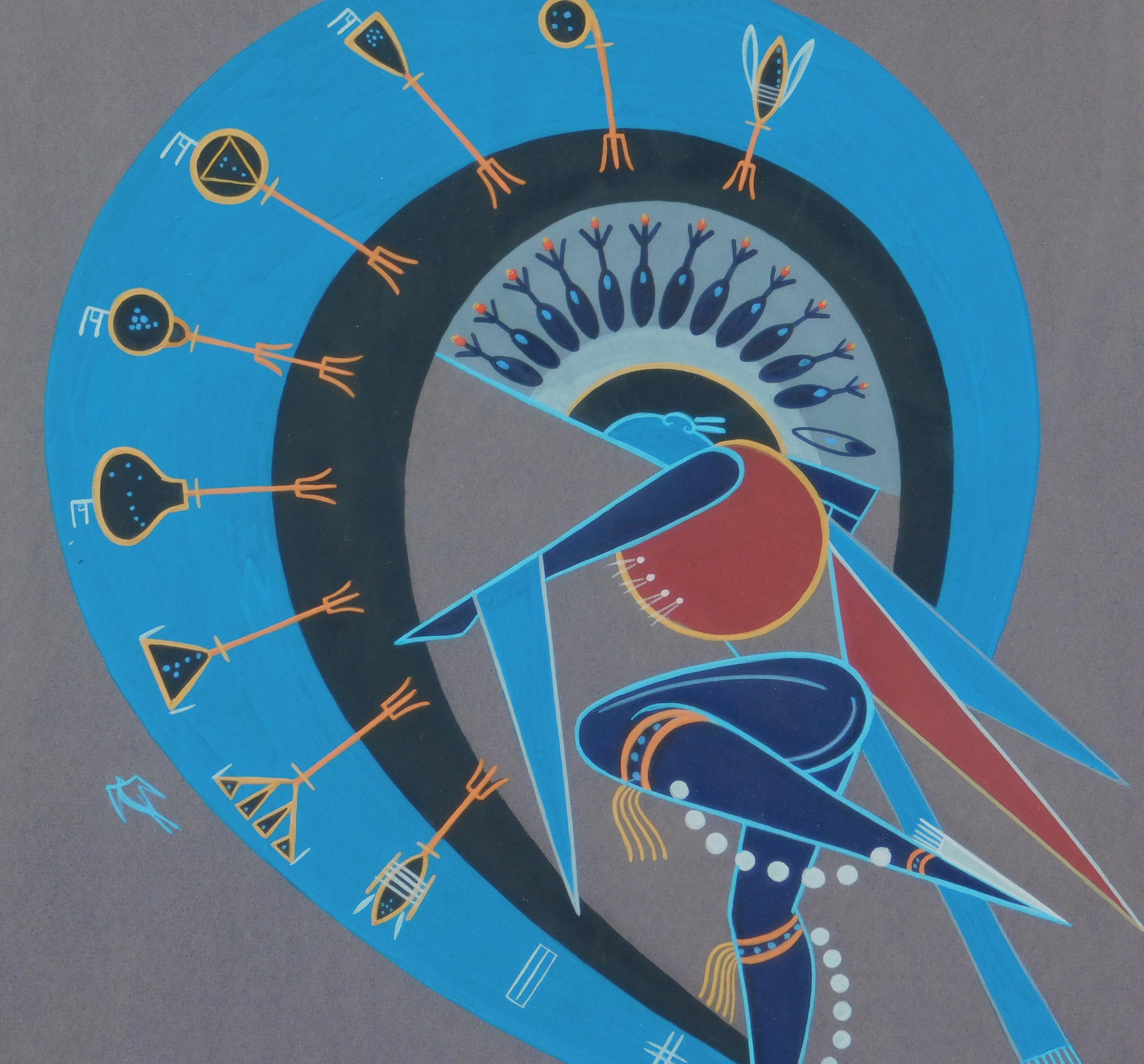 20th Century Adee Dodge Navajo Artist Original Gouache, Knife Wing Dancer in Blue, 1971