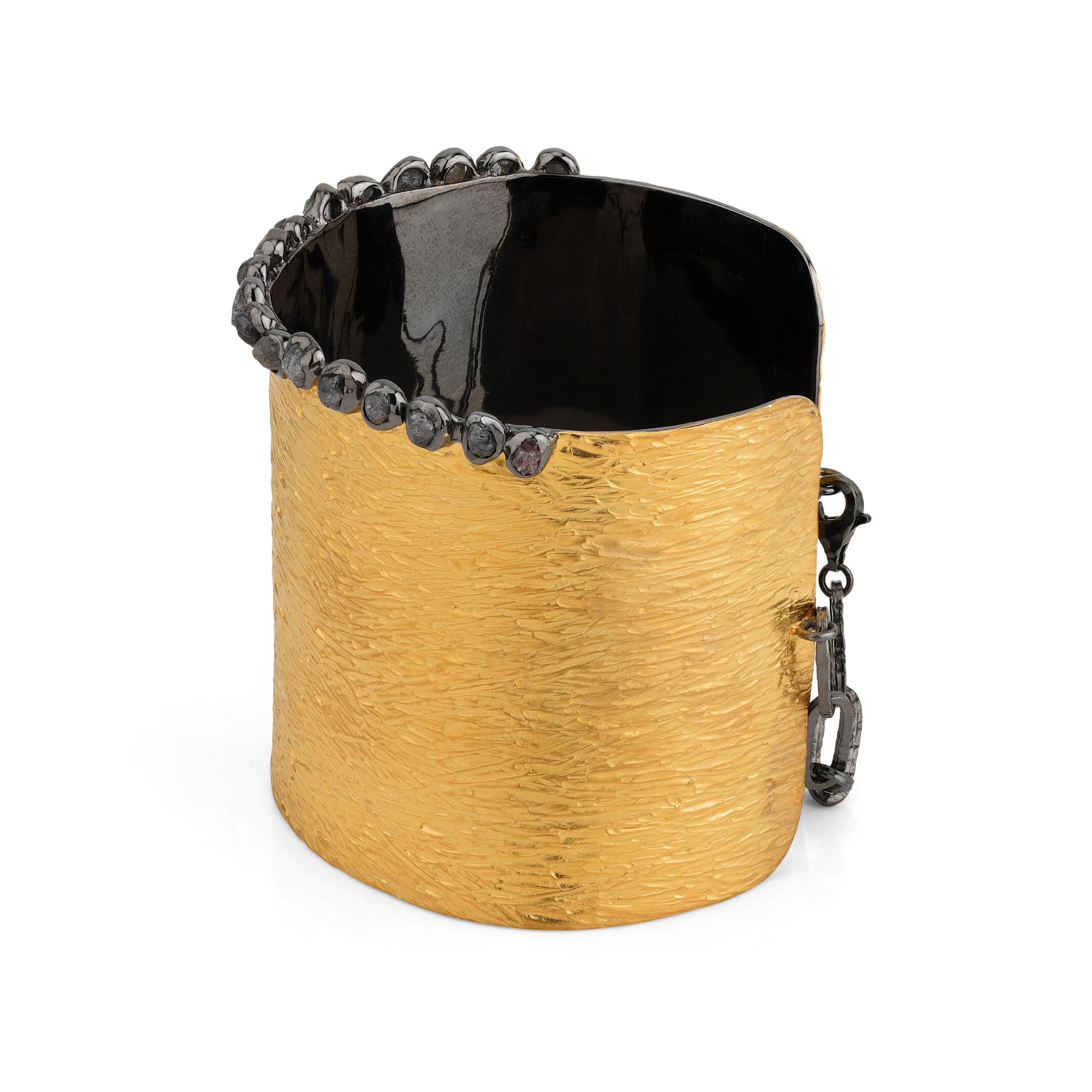 Contemporary Adeitiy silver handcuff with mined diamonds & 3-micron gold and rhodium plating