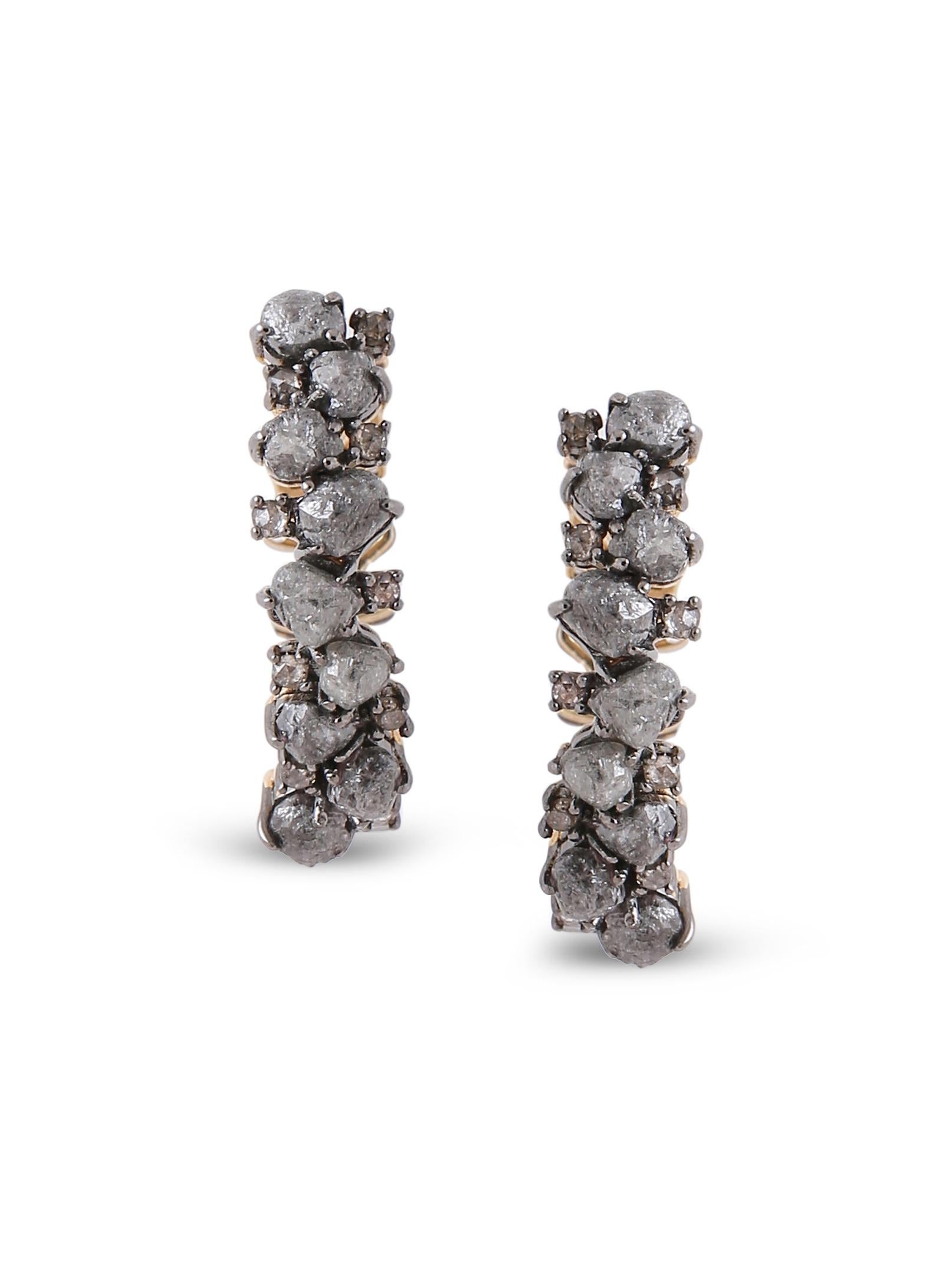 Adeitiy Recycled Silver Earrings with Brown Rose-Cut and Mined Diamonds In New Condition In Denver, CO