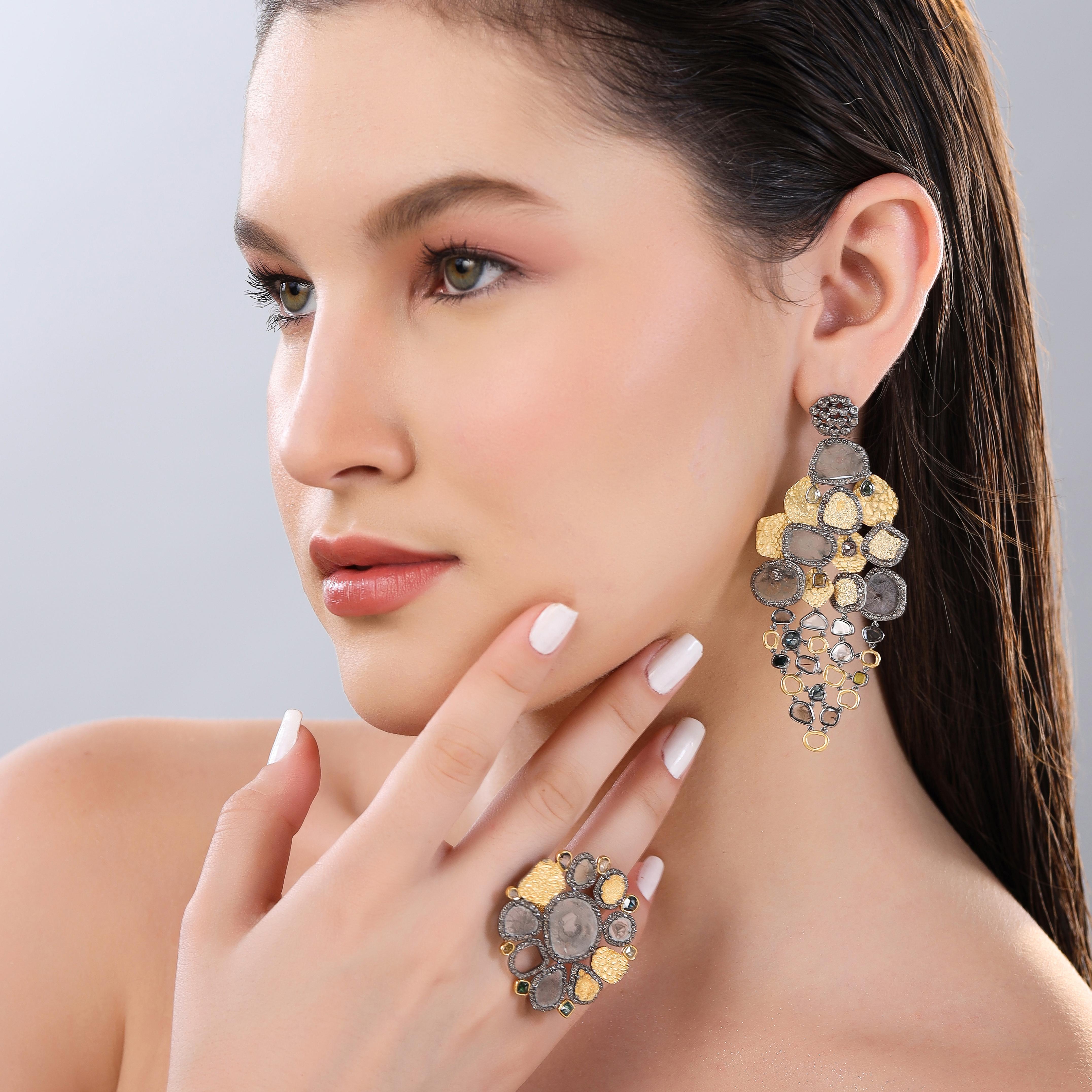 Modern A.deitiy silver earrings with flat diamonds & 3-micron gold & rhodium plating 