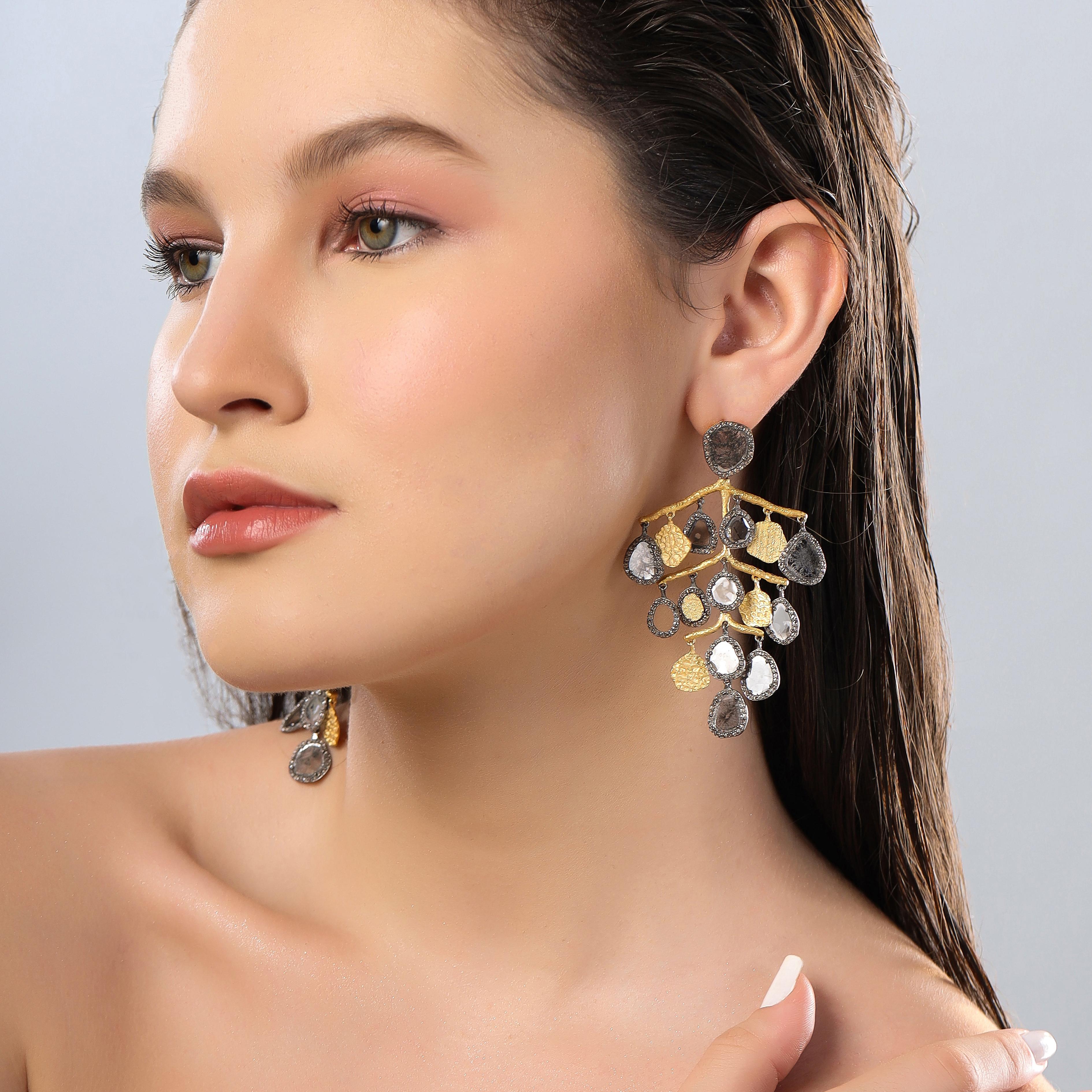 Modern A.deitiy silver earrings with flat diamonds & 3-micron gold & rhodium plating 