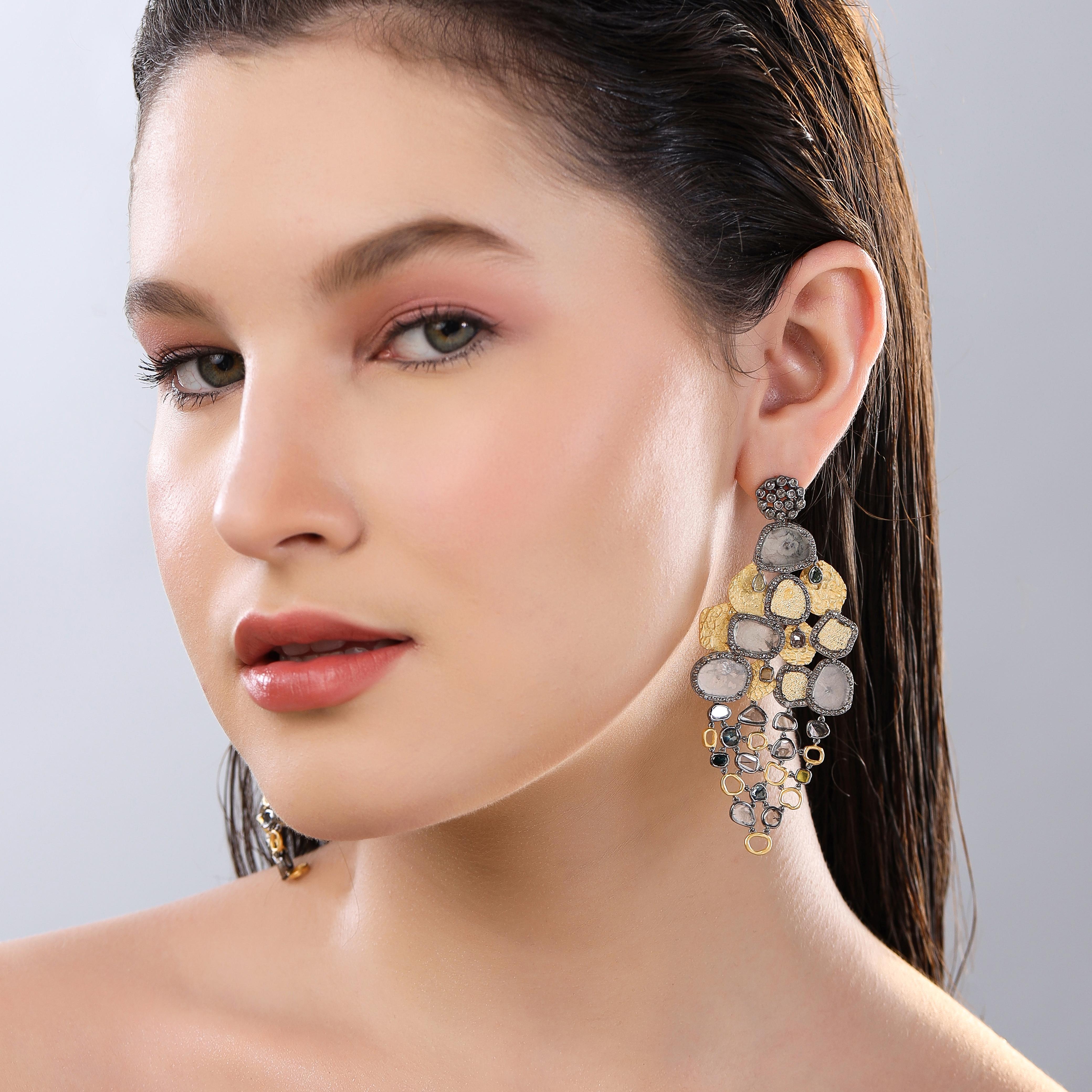 Mixed Cut A.deitiy silver earrings with flat diamonds & 3-micron gold & rhodium plating 