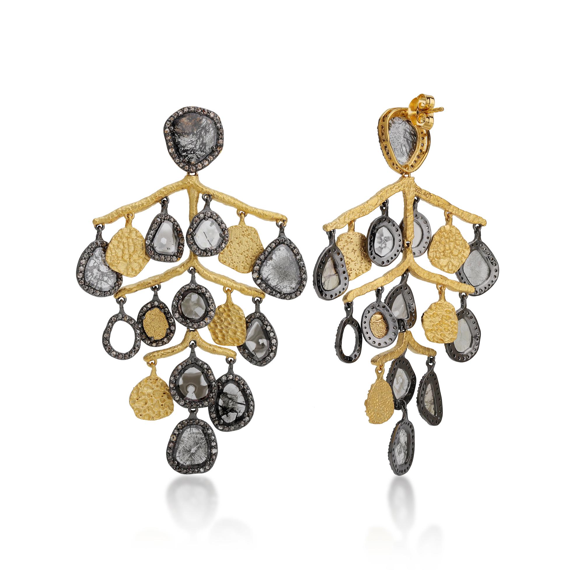 A.deitiy silver earrings with flat diamonds & 3-micron gold & rhodium plating  In New Condition In Denver, CO