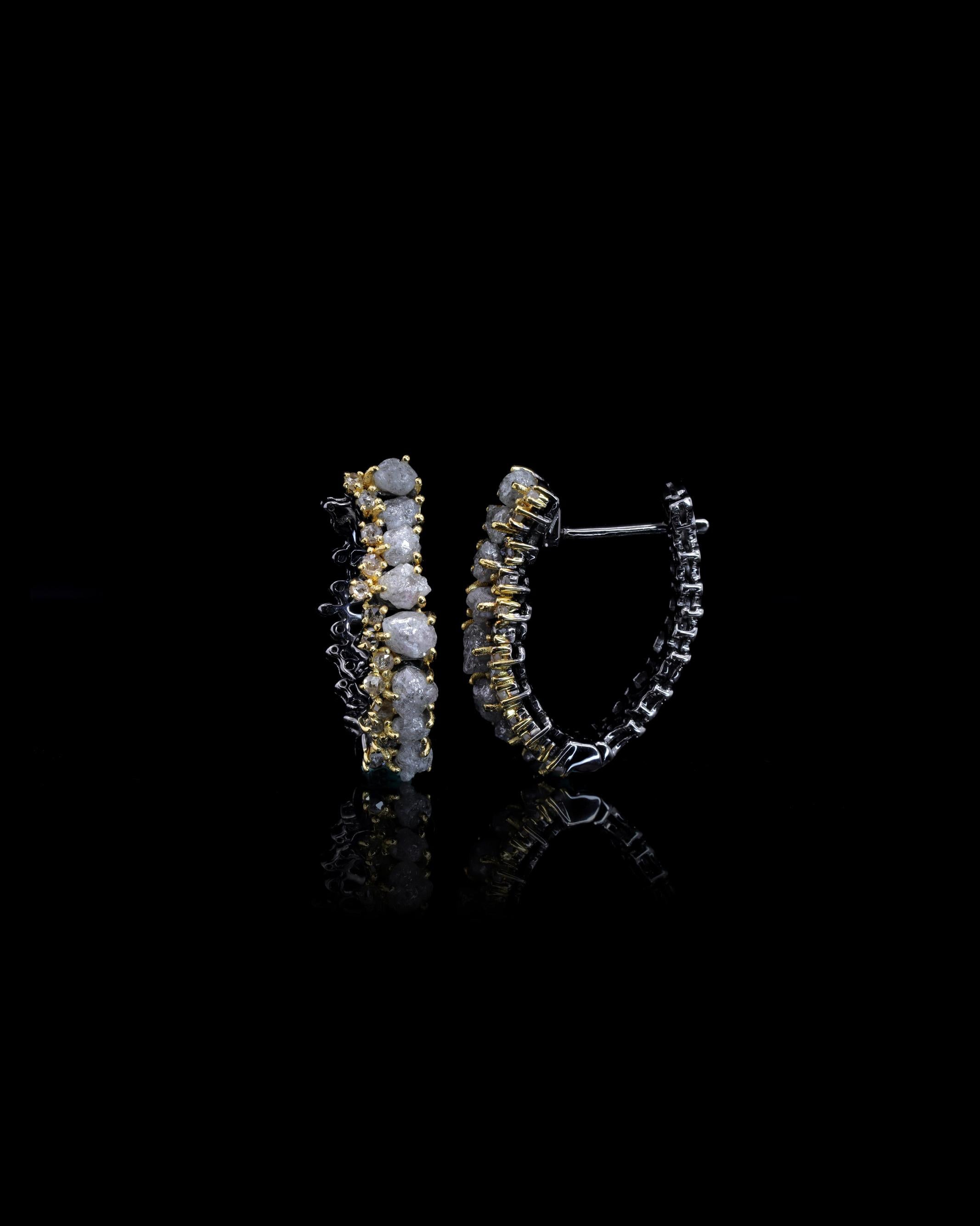 Embrace Serenity and Renewed Love with this auspicious earring.Immerse yourself in tranquility with our exquisite Tranquility Earring. Meticulously handcrafted with natural rough diamonds and brown rose cut diamonds, this earring from our Eternity