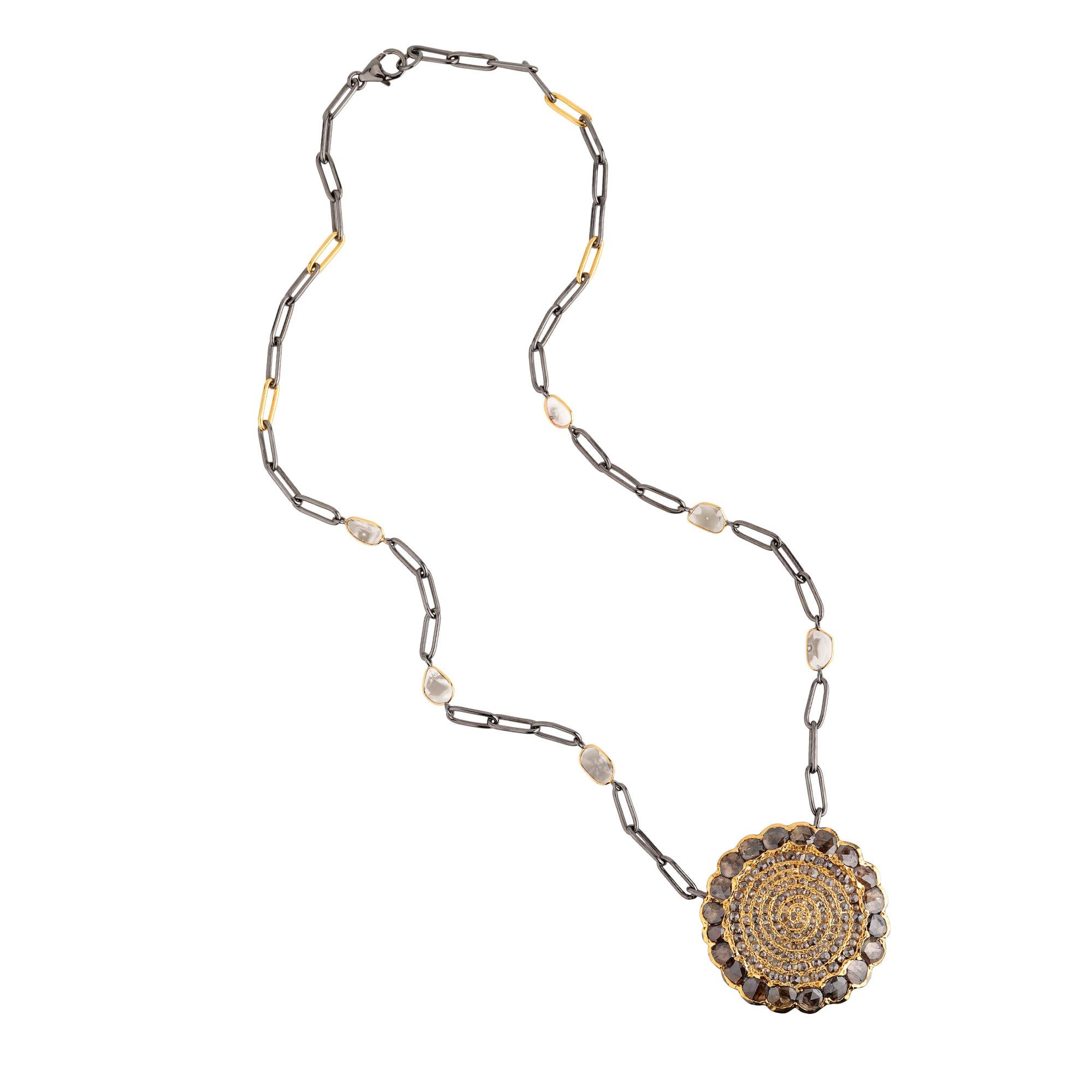 Adeitiy Silver Halskette mit braunen Diamanten im Rosenschliff und 3 Mikron Goldplattierung (Gemischter Schliff)