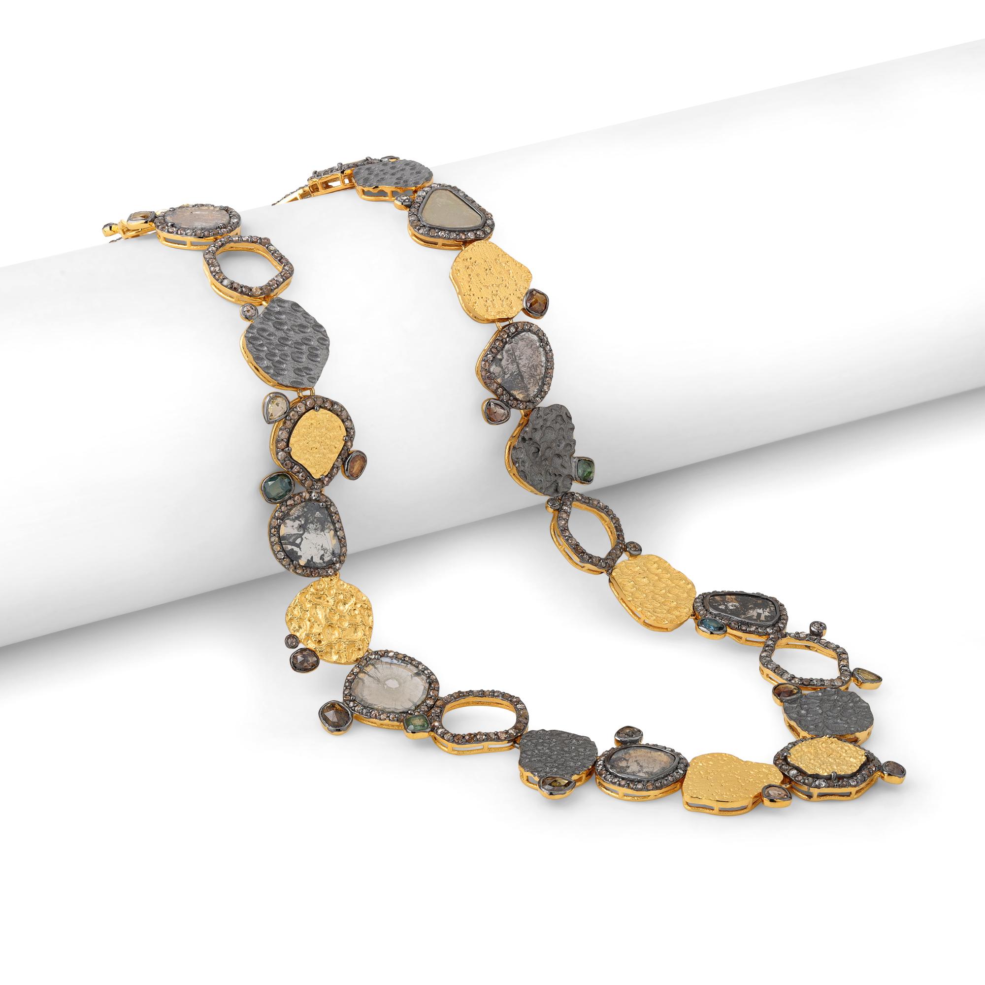 Contemporary A.deitiy silver necklace with flat diamonds & 3 micron yellow gold plating