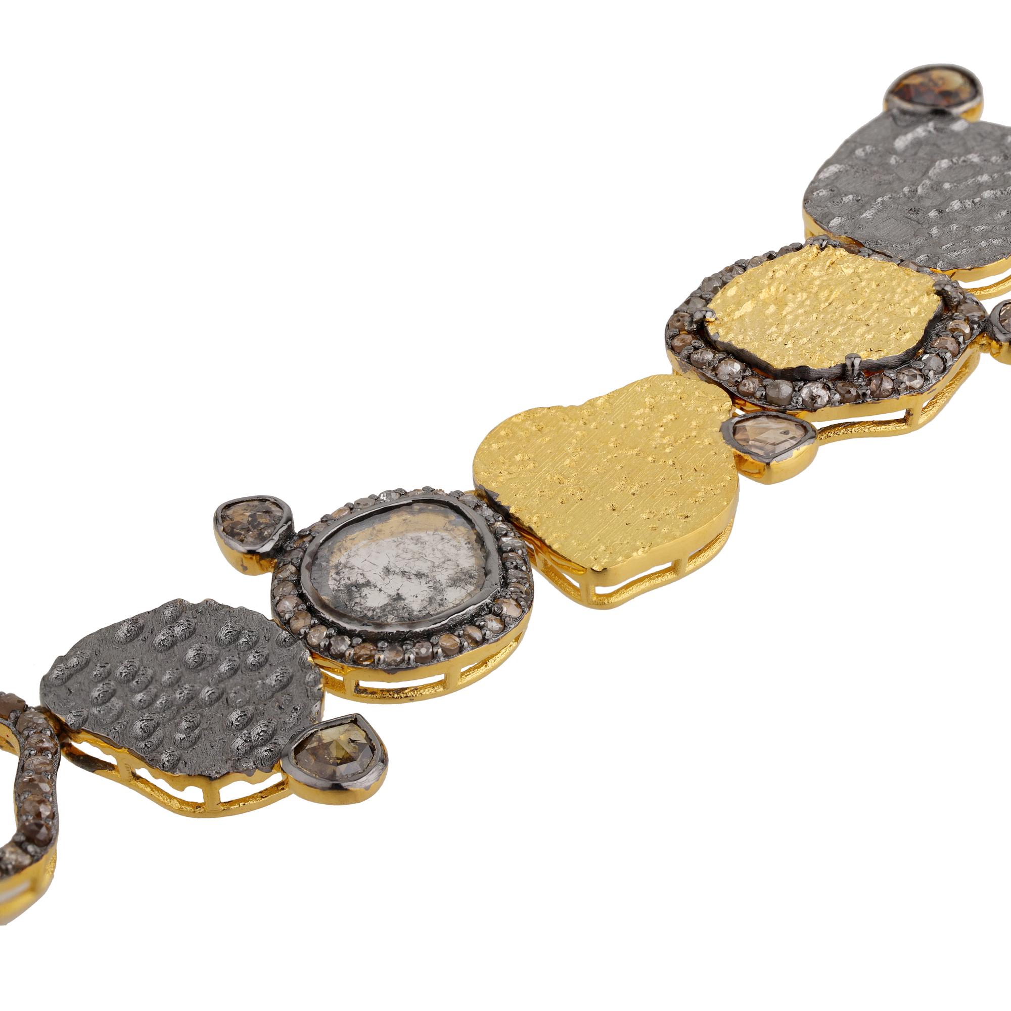 A.deitiy silver necklace with flat diamonds & 3 micron yellow gold plating In New Condition In Denver, CO