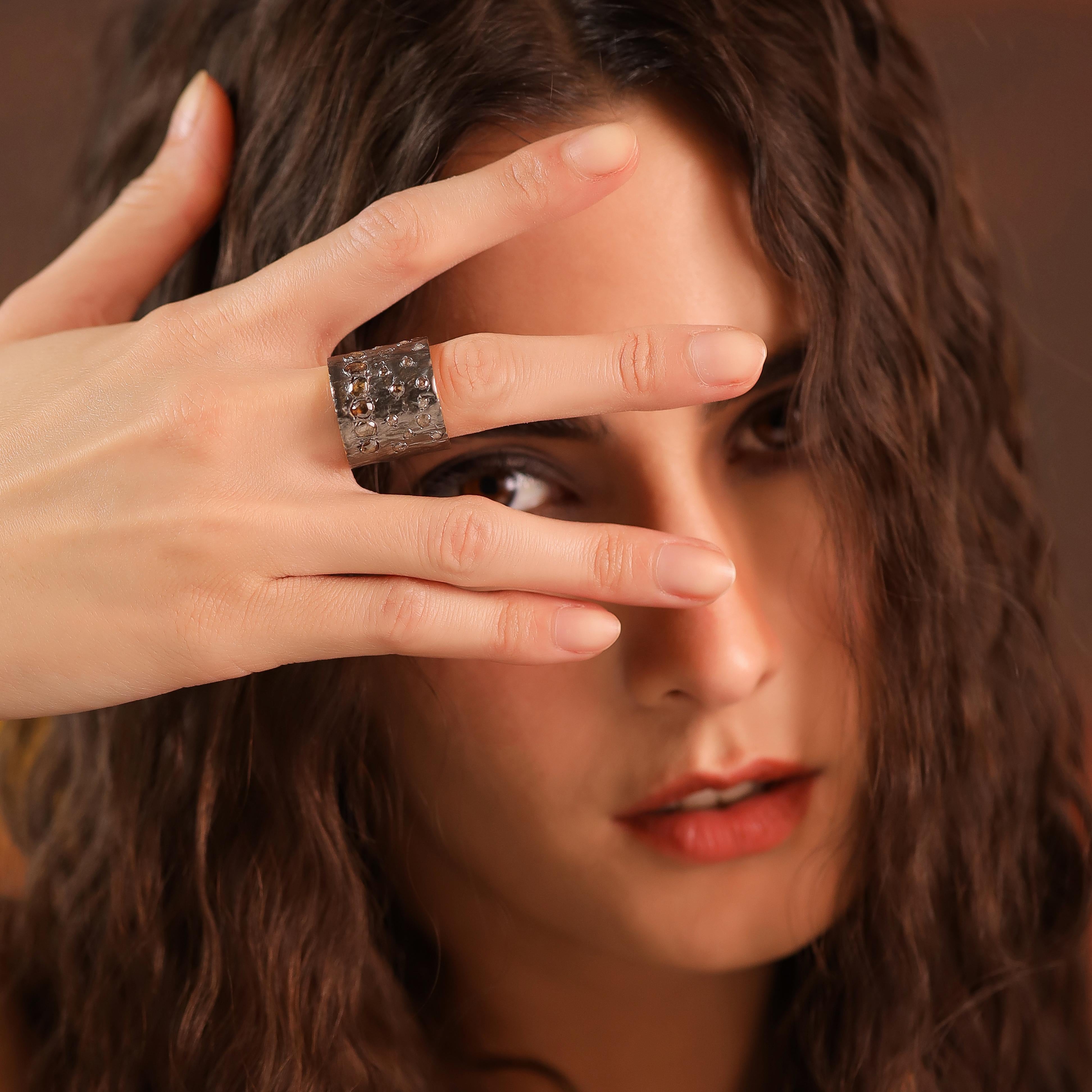 Mixed Cut A.deitiy silver ring with brown rose-cut diamonds & 3 micron yellow gold plating