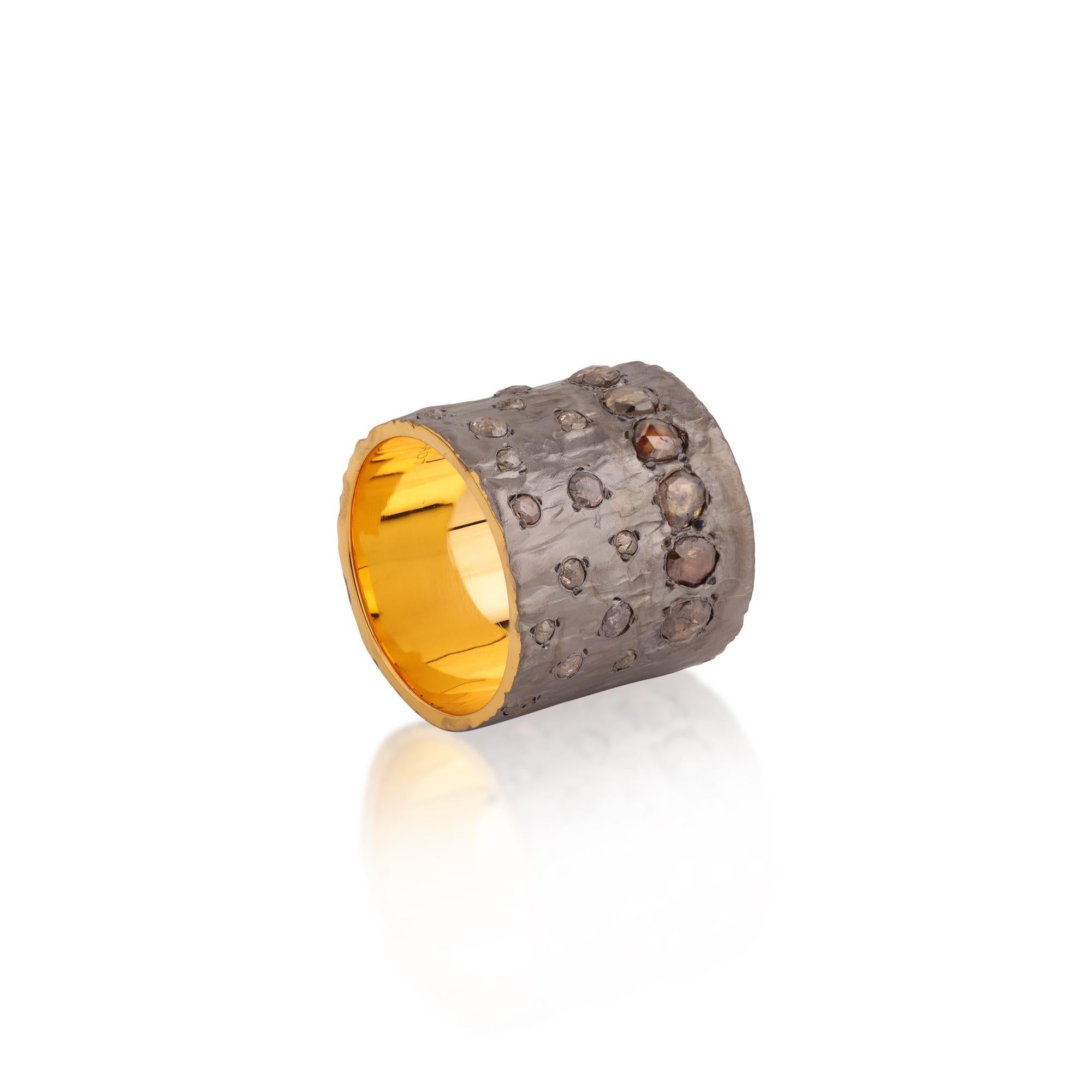 A.deitiy silver ring with brown rose-cut diamonds & 3 micron yellow gold plating In New Condition In Denver, CO