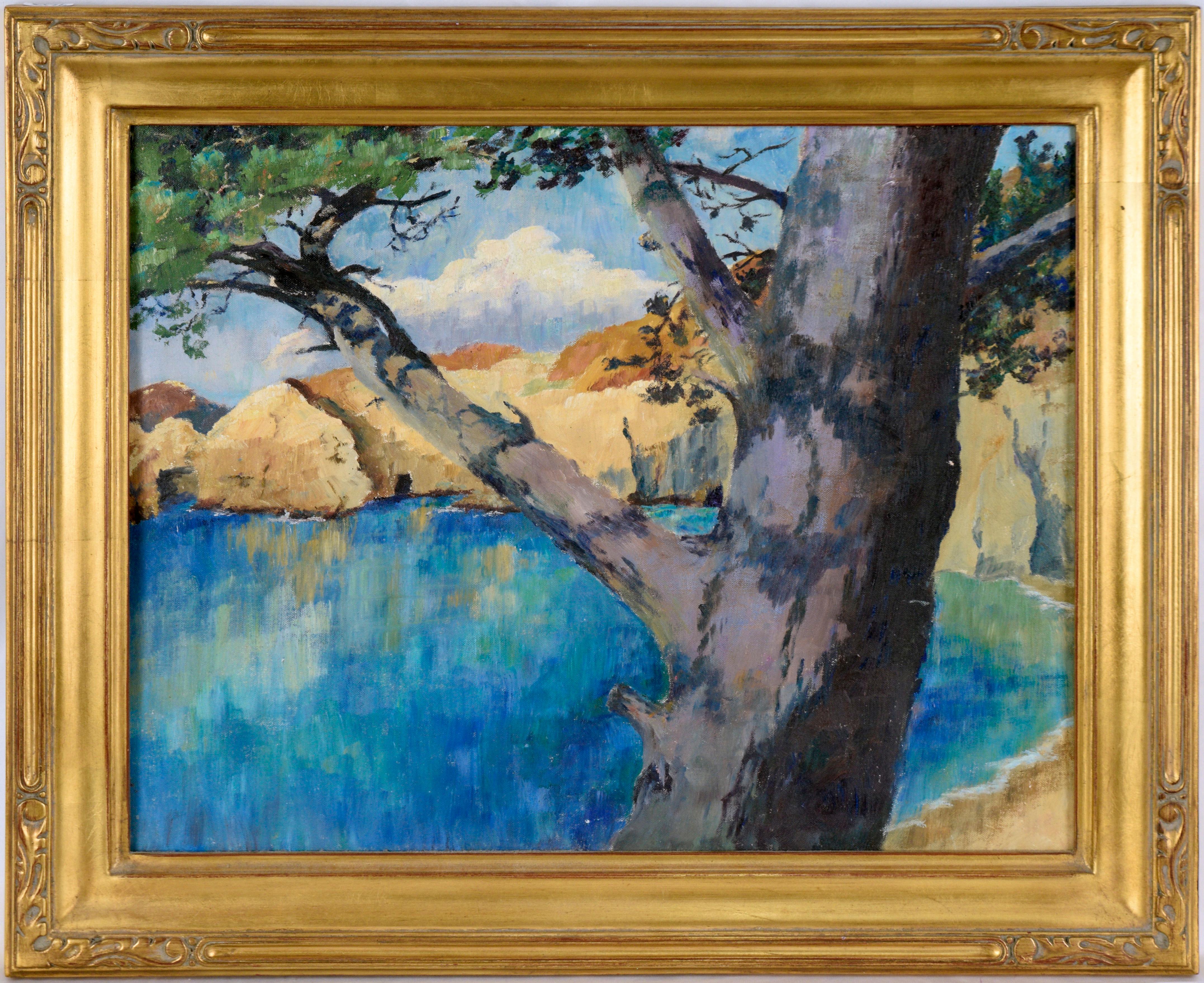 Point Lobos Cove, Carmel, Californie par Adelaide Bartleme
Point Lobos Cove vers les années 1940 par l'artiste Adelaide Bartleme de Carmel (américaine, 1881-1973). Nièce d'un artiste new-yorkais bien connu et professeur de beaux-arts venu