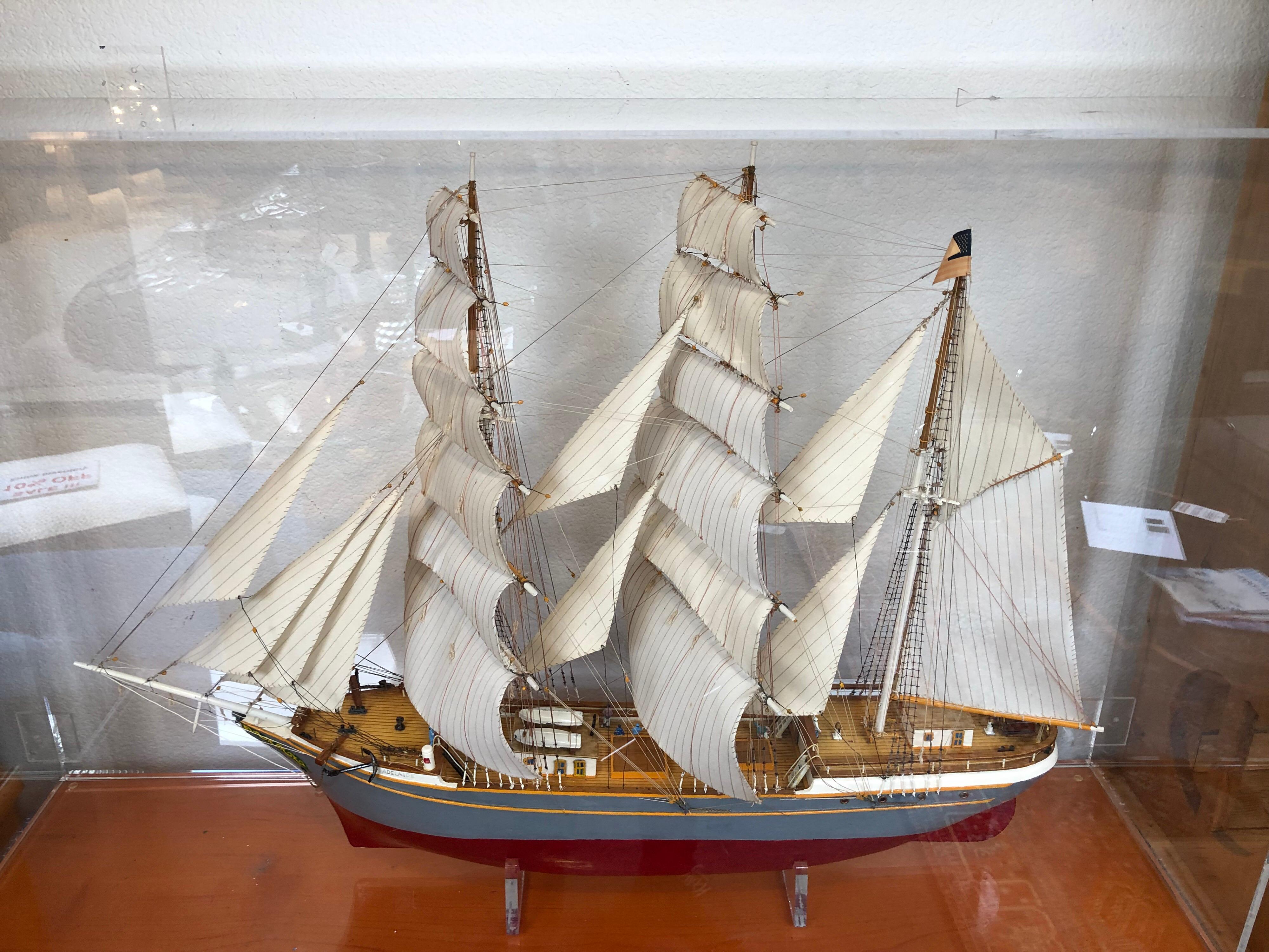 A unique piece of art, a ships model. Extremely detailed, the Adelaide model was a gift to the owner. Built over 50 years ago in San Francisco, the artist's work has been displayed in office building lobbies in Downtown San Francisco for decades. He