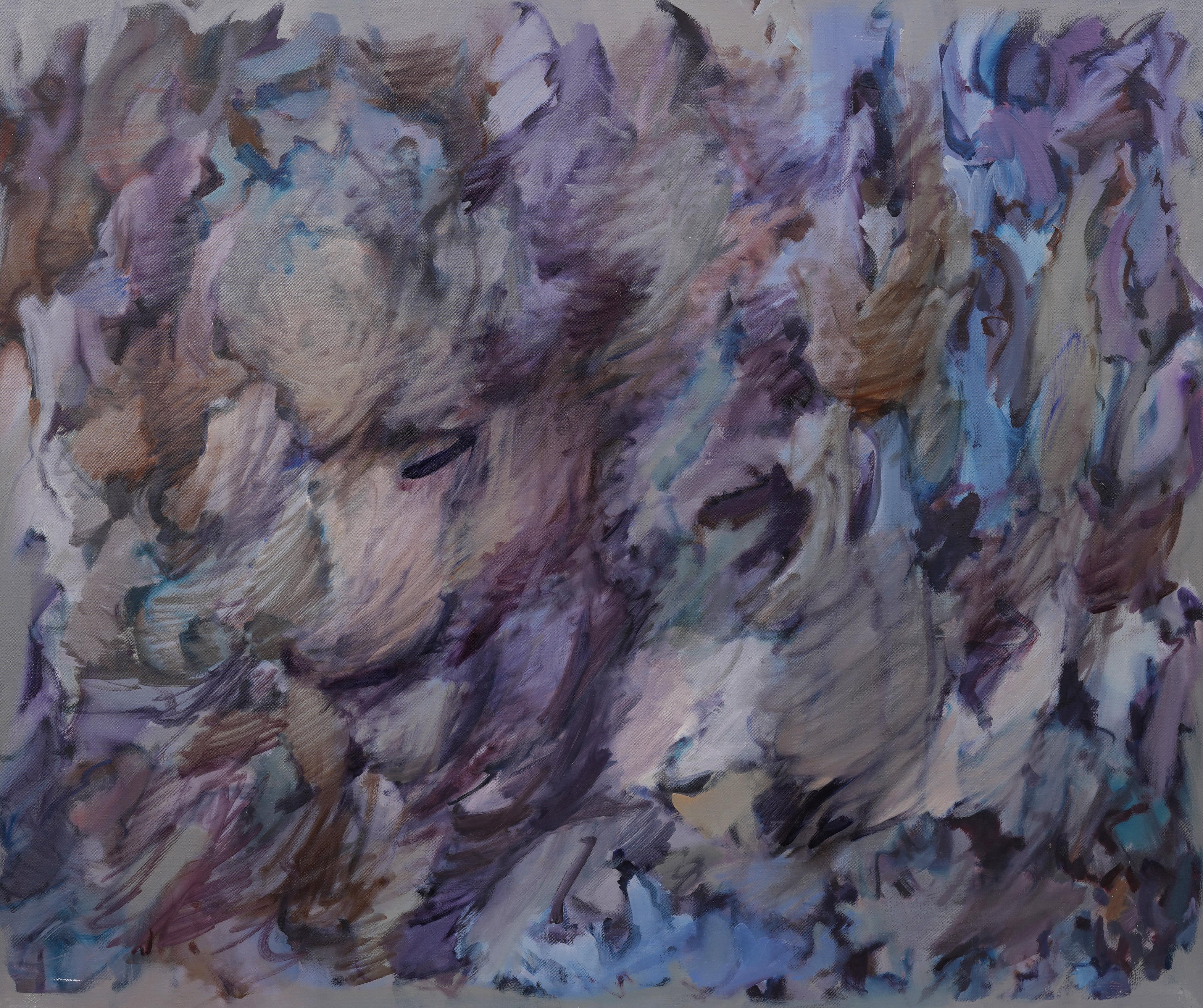 Antico dipinto ad olio del paesaggio espressionista astratto modernista americano di grandi dimensioni - Abstract Painting Grigio di Adele Becker