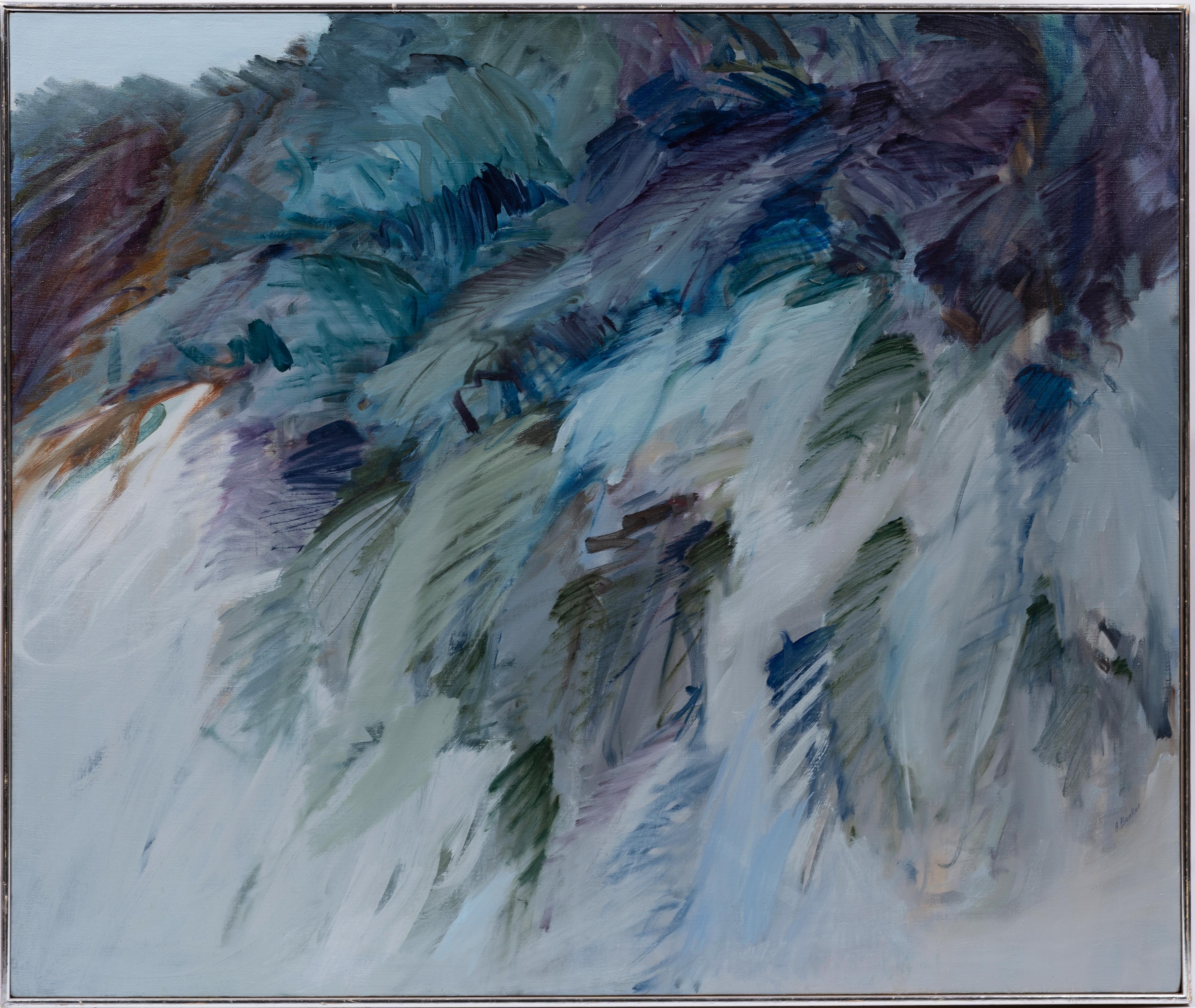Landscape Painting Adele Becker - Grande peinture à l'huile abstraite américaine et moderniste ancienne encadrée