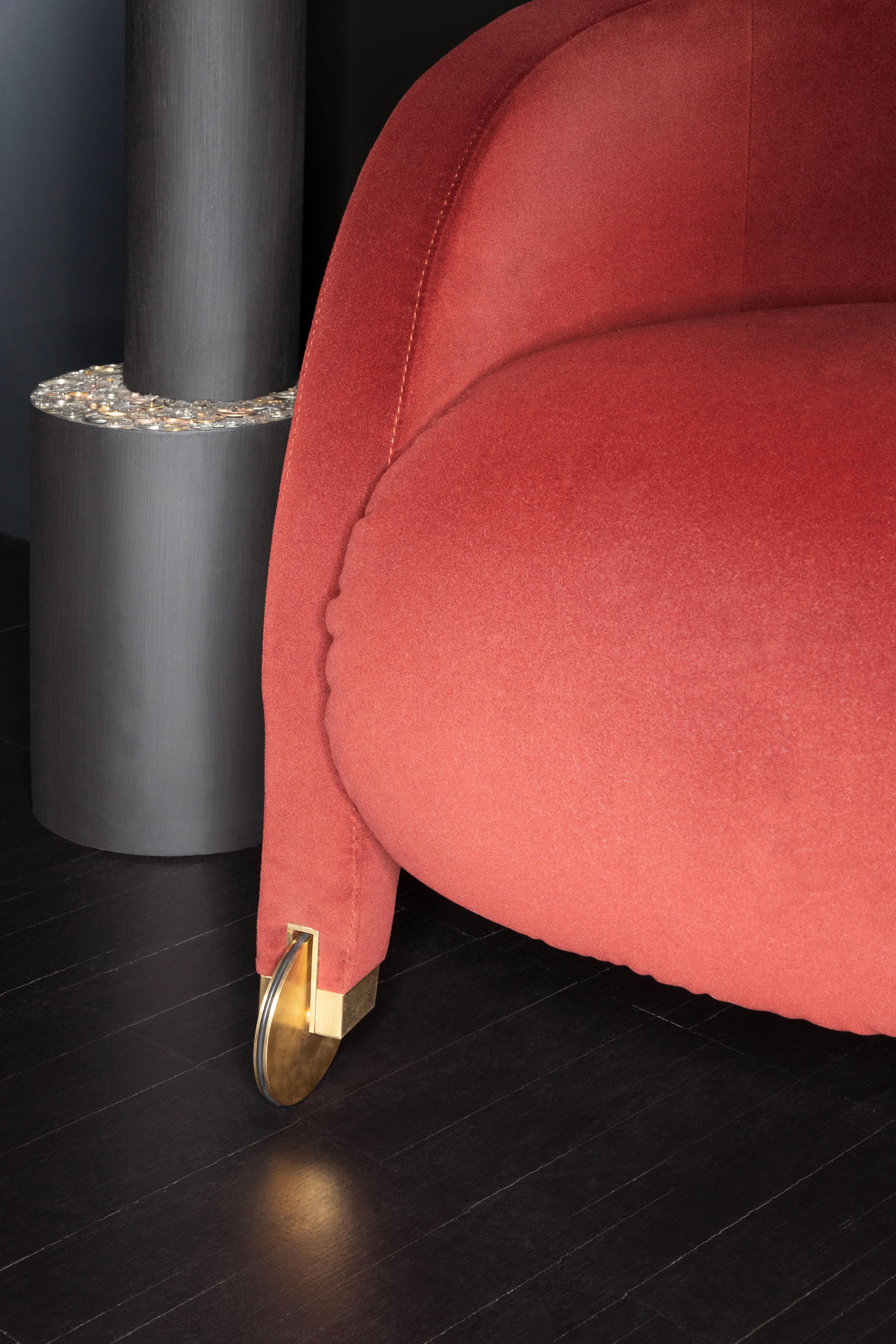 Modern Adele, brass wheel armchair in velvet, Dainelli Studio for Somaschini, Italy For Sale