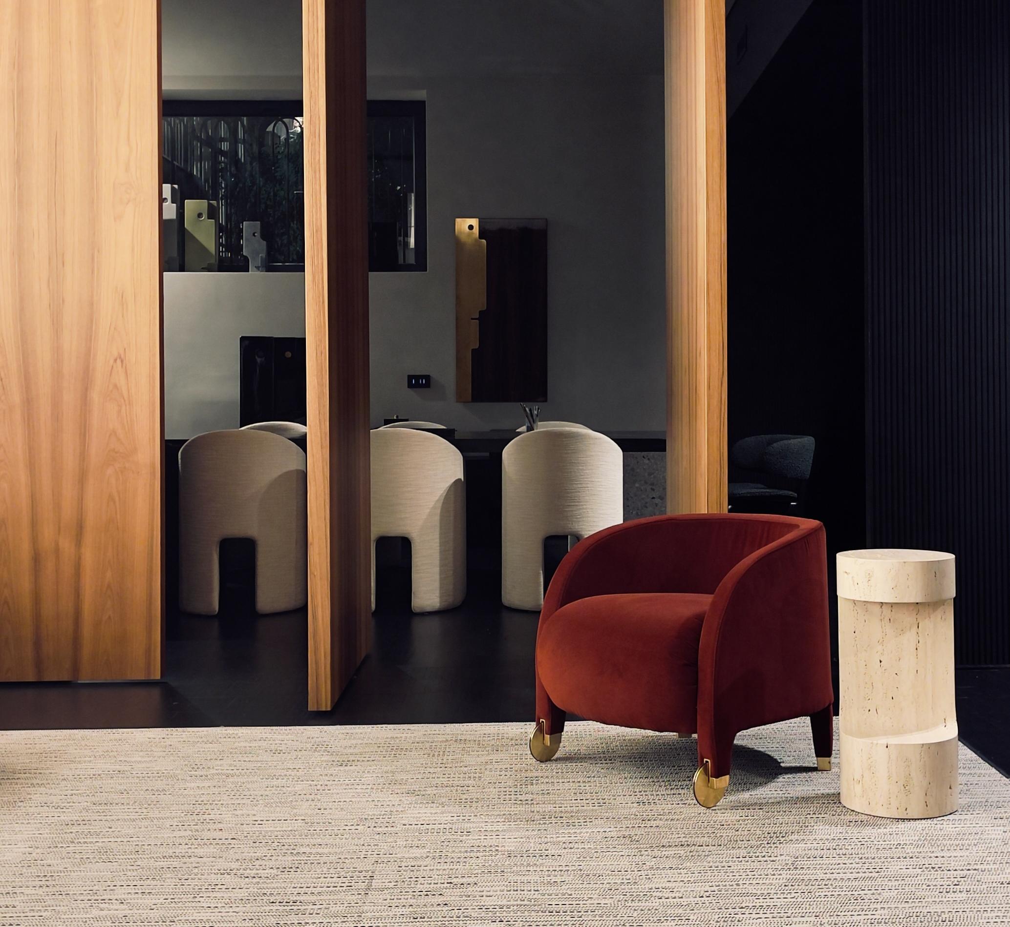 Italian Adele, brass wheel armchair in velvet, Dainelli Studio for Somaschini, Italy For Sale