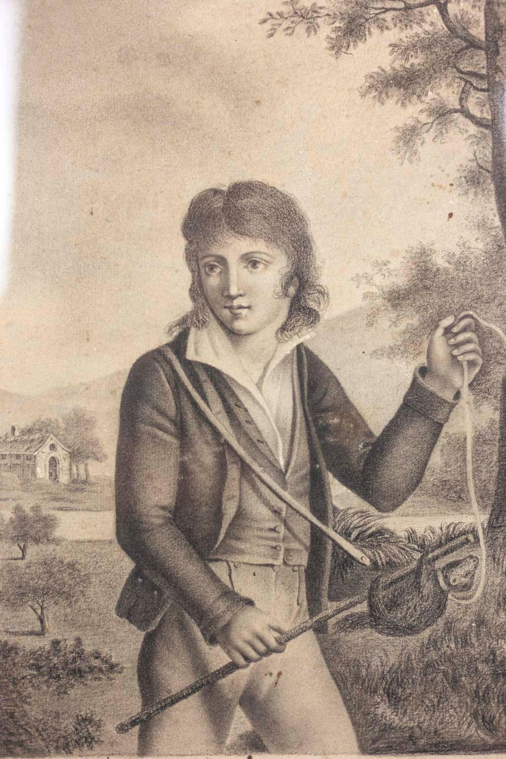 Adèle Gramagnac, signed.
Drawing on paper representing a young man with long hair holding a stick on his right hand on which hangs a ferret. He holds the animal by a leash in his left hand. He also wears a basket full of straw by a shoulder strap.
