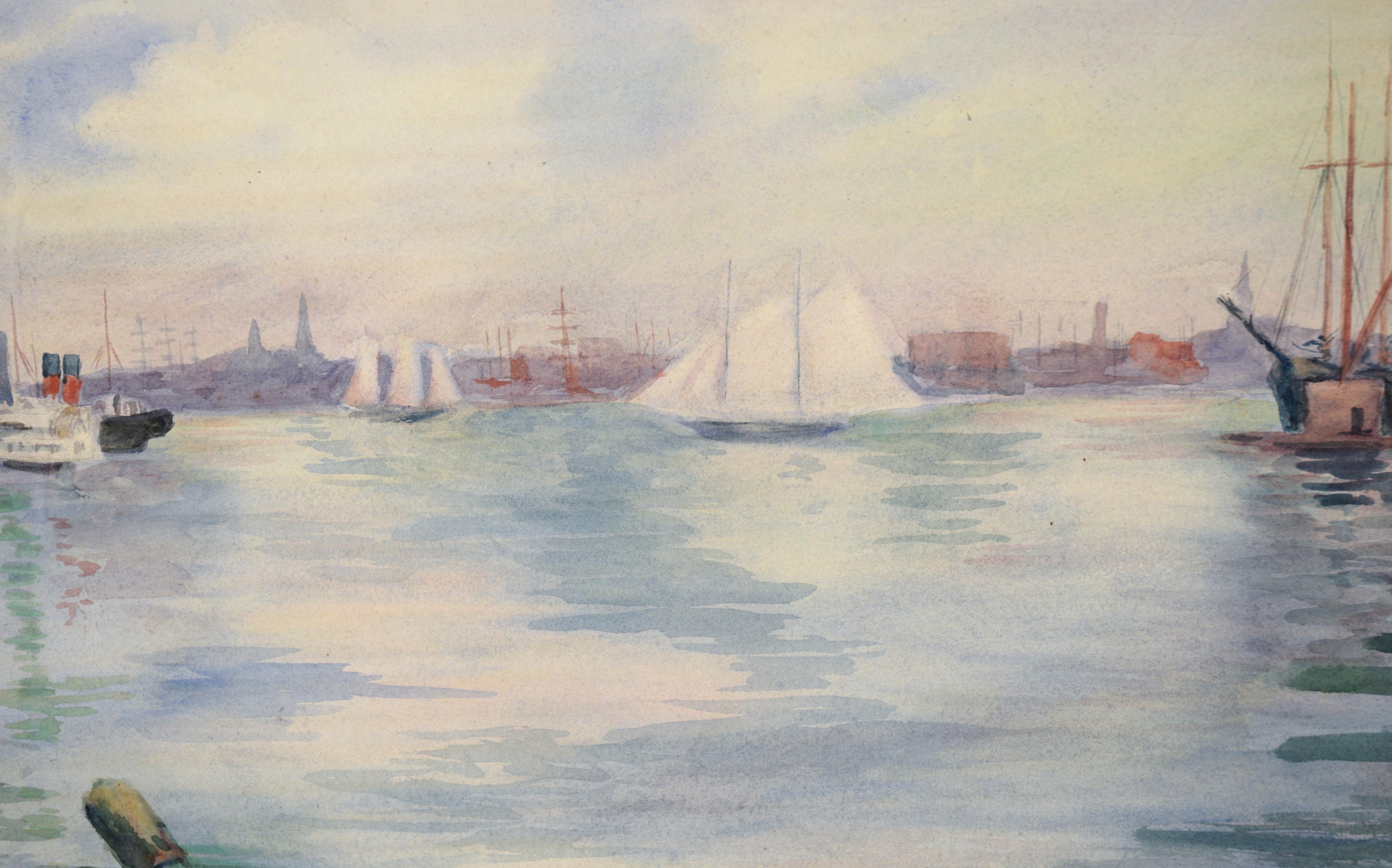 „Portsmouth Harbor, New Hampshire“ Meereslandschaft in Aquarell auf schwerem Papier (Grau), Landscape Painting, von Adele Jones