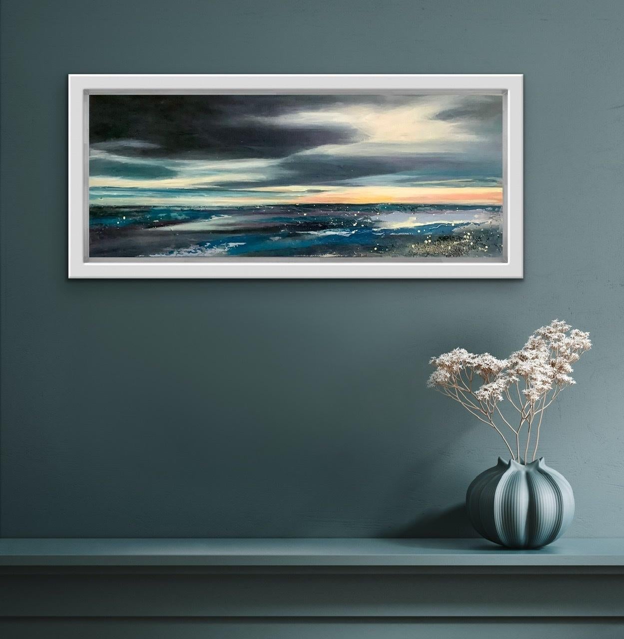The Last Light by Adele Riley [2021]
original and hand signed by the artist 
Acrylic and acrylic inks on boxed canvas
Image size: H:20 cm x W:50 cm
Complete Size of Unframed Work: H:20 cm x W:50 cm x D:4cm
Sold Unframed
Please note that insitu