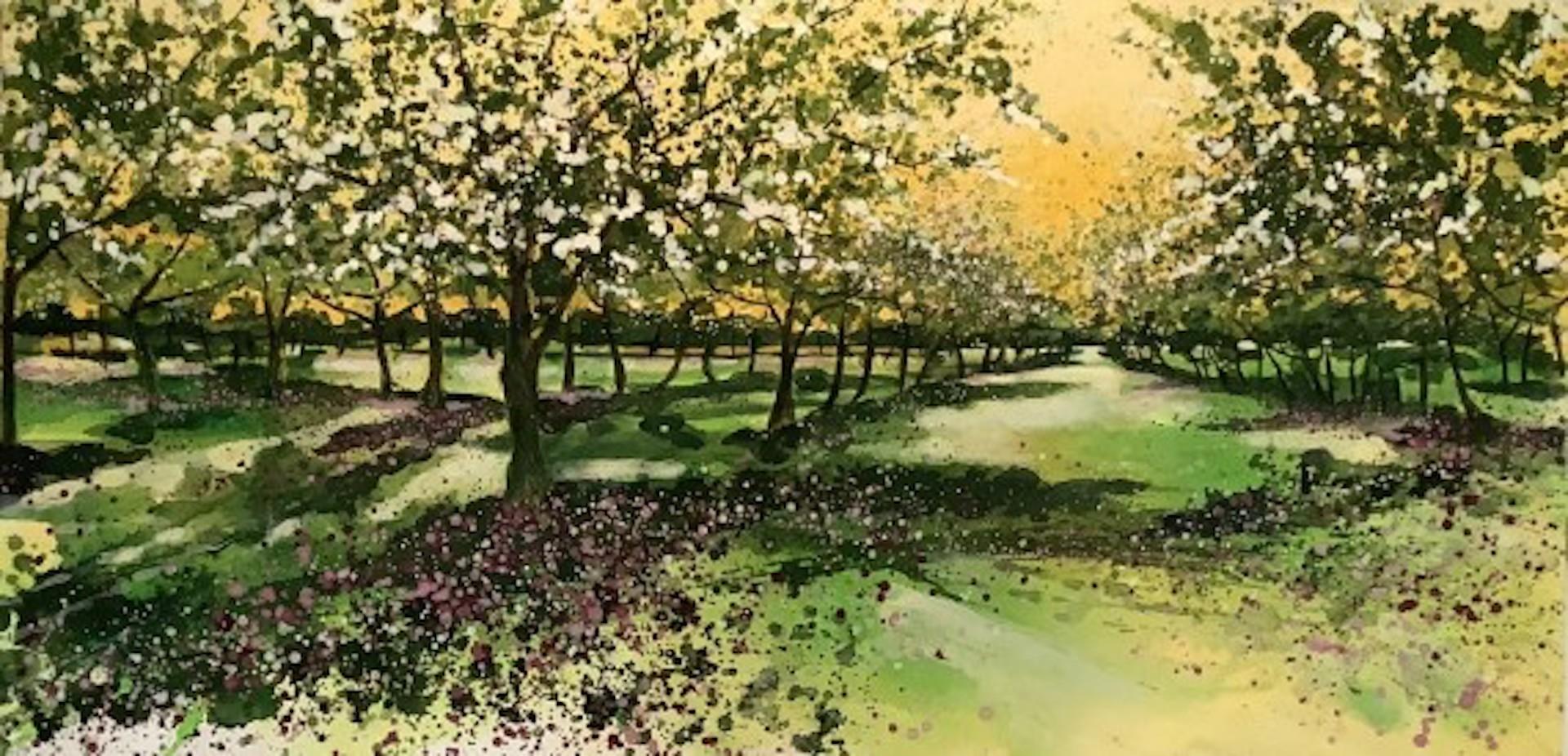 Adele Riley, Orchard Blossom, Zeitgenössisches Landschaftsgemälde, Erschwingliche Kunst