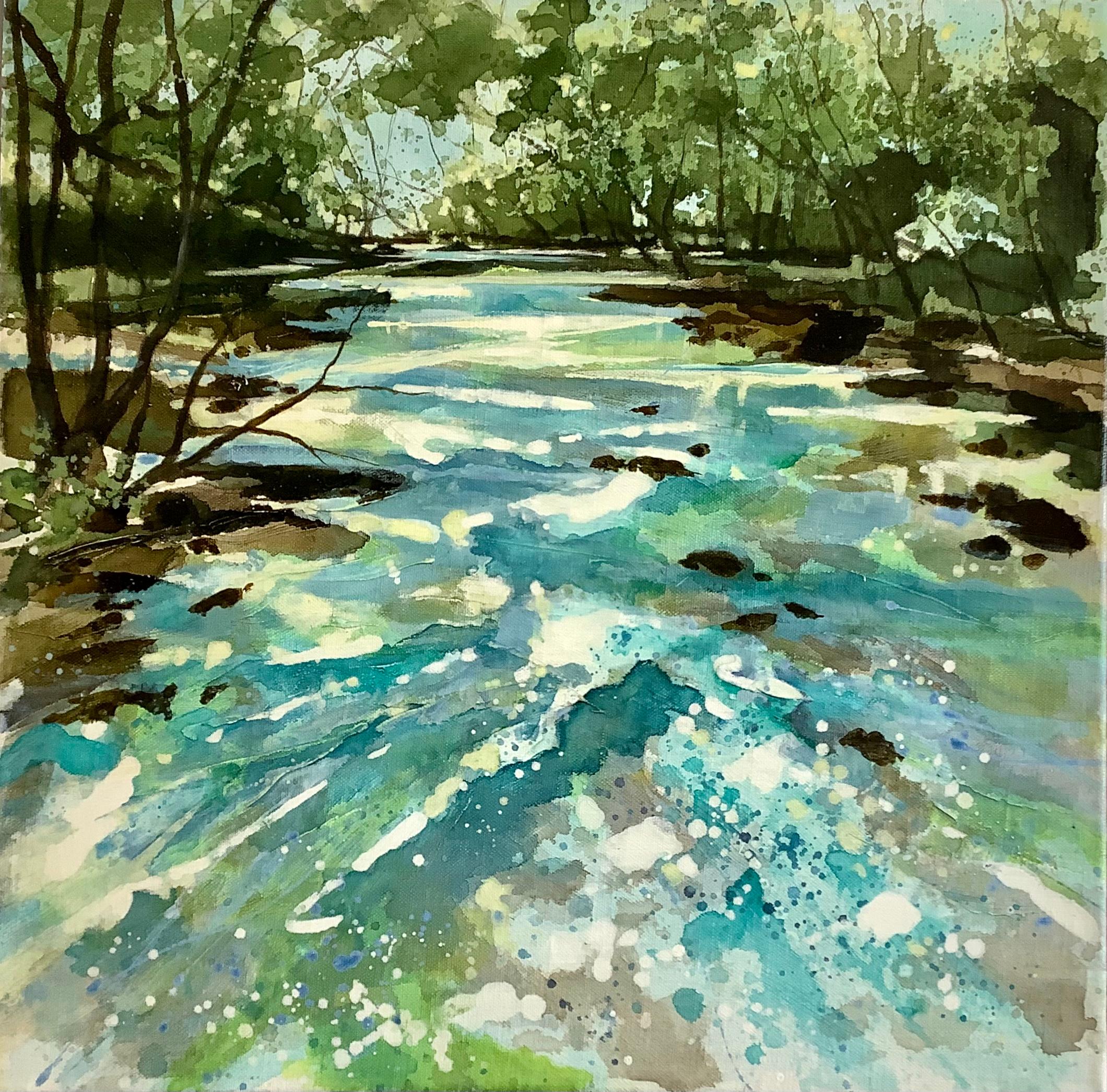 Adele Riley Abstract Painting - Always Our Place, Original painting, Landscape art, River Wye, Hereford, Green