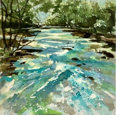 Peinture originale de paysage, River Wye, Hereford, Green