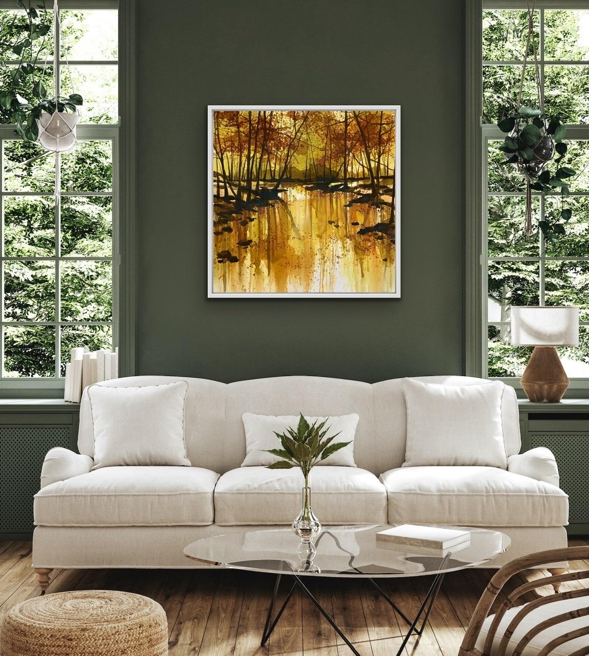 Autumns Riverbank - Brown Landscape Painting by Adele Riley