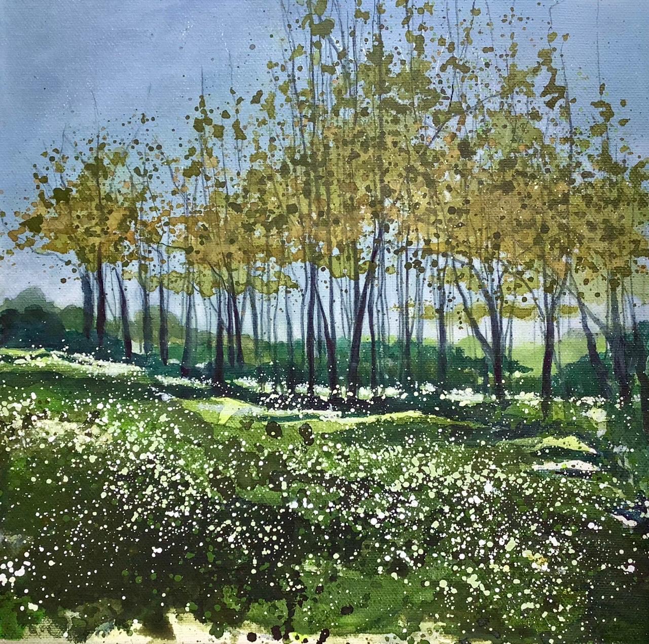 Buttercup Meadow, Within The Wild Garlic and Long Shadows - Gray Landscape Painting by Adele Riley