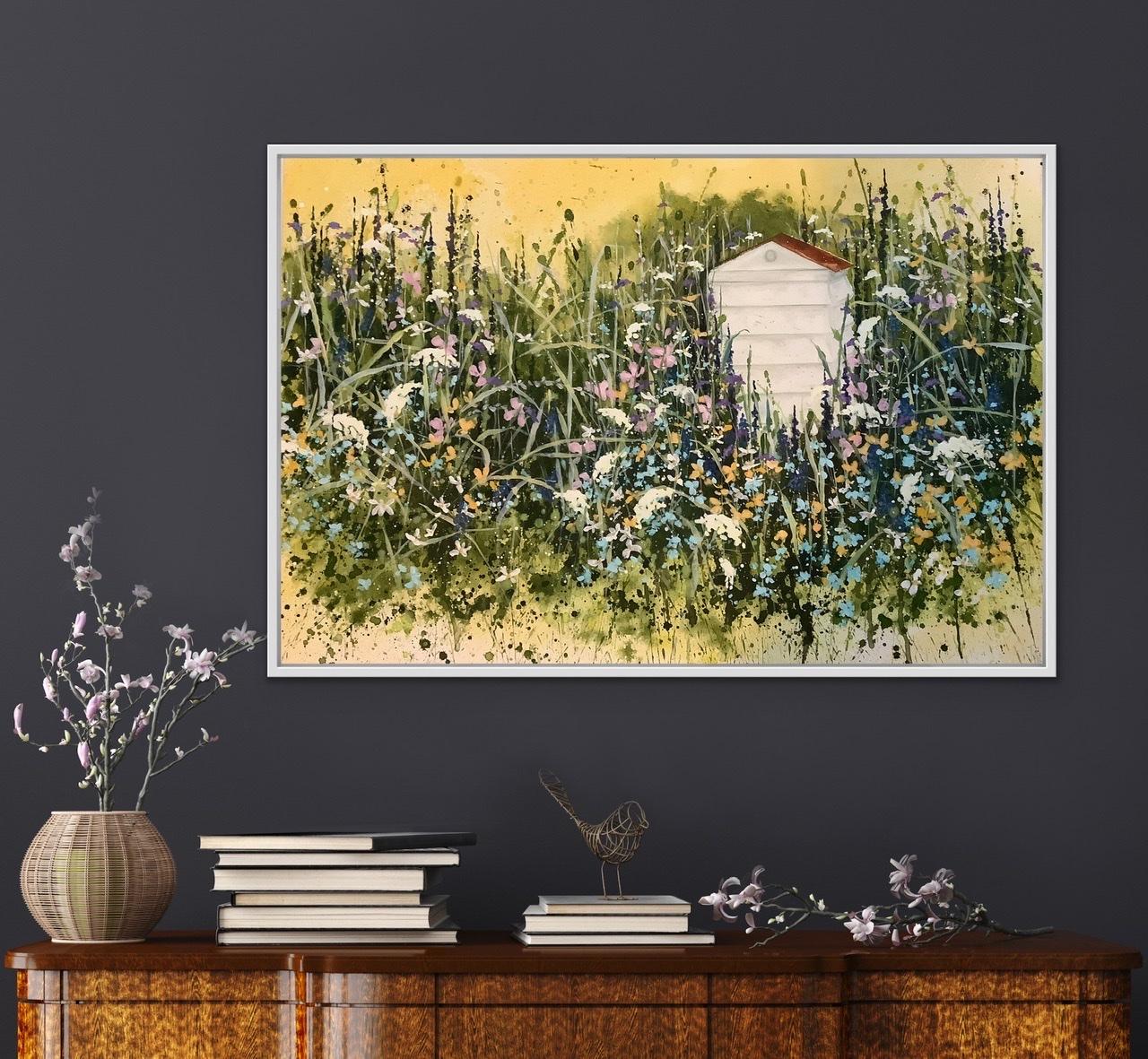Danse d'abeille d'abeille, peinture de paysage contemporaine, art de la nature et du jardin en vente 3
