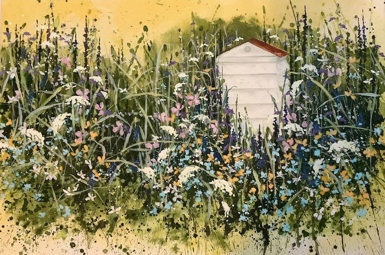 Landscape Painting Adele Riley - Danse d'abeille d'abeille, peinture de paysage contemporaine, art de la nature et du jardin