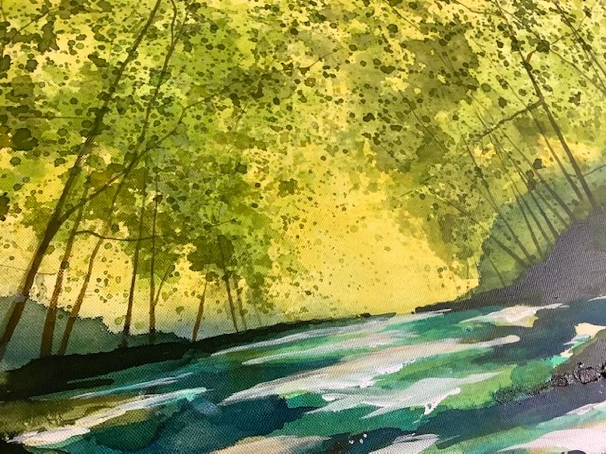 Of All Our Wild Places, farbenfrohe Waldkunst, halb-abstrakte Landschaftsmalerei (Grau), Landscape Painting, von Adele Riley