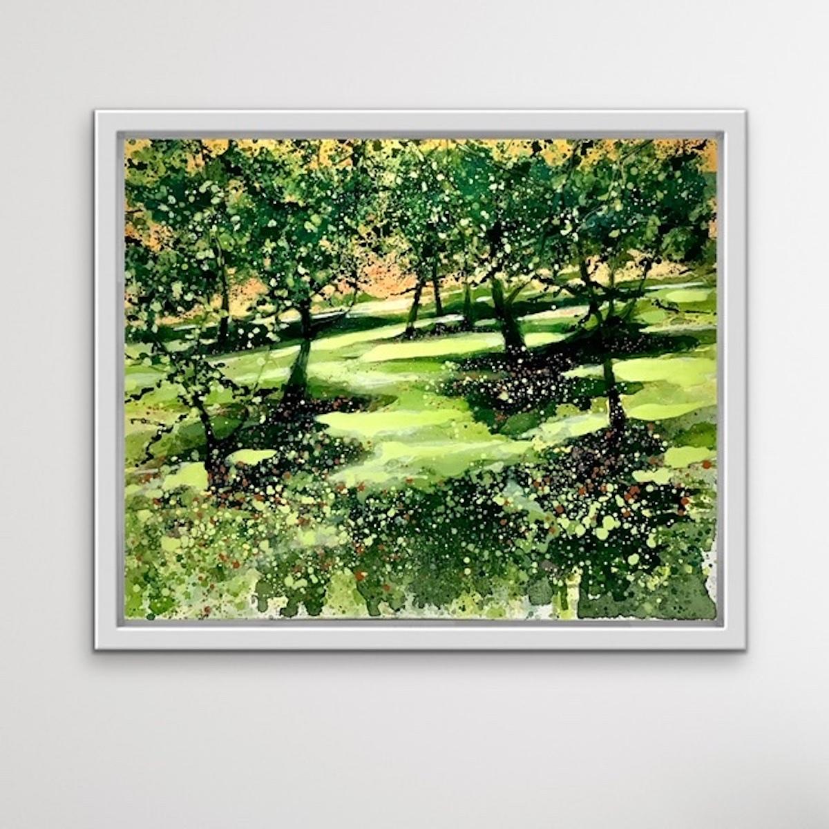 Orchard Sunset - Beige Landscape Painting by Adele Riley