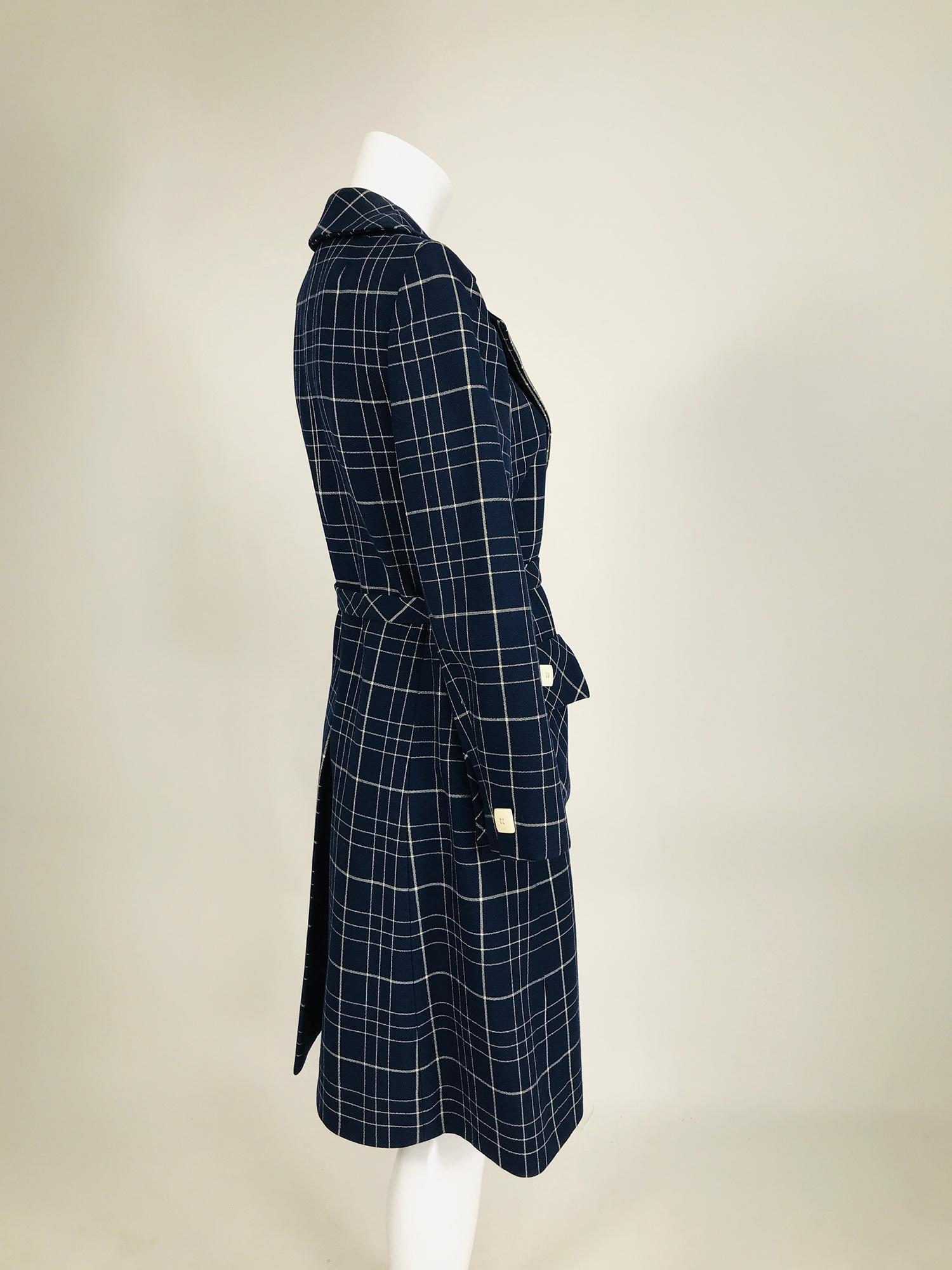 Adele Simpson 1960s Navy & White Wool Plaid  Wrap Coat For Sale 1