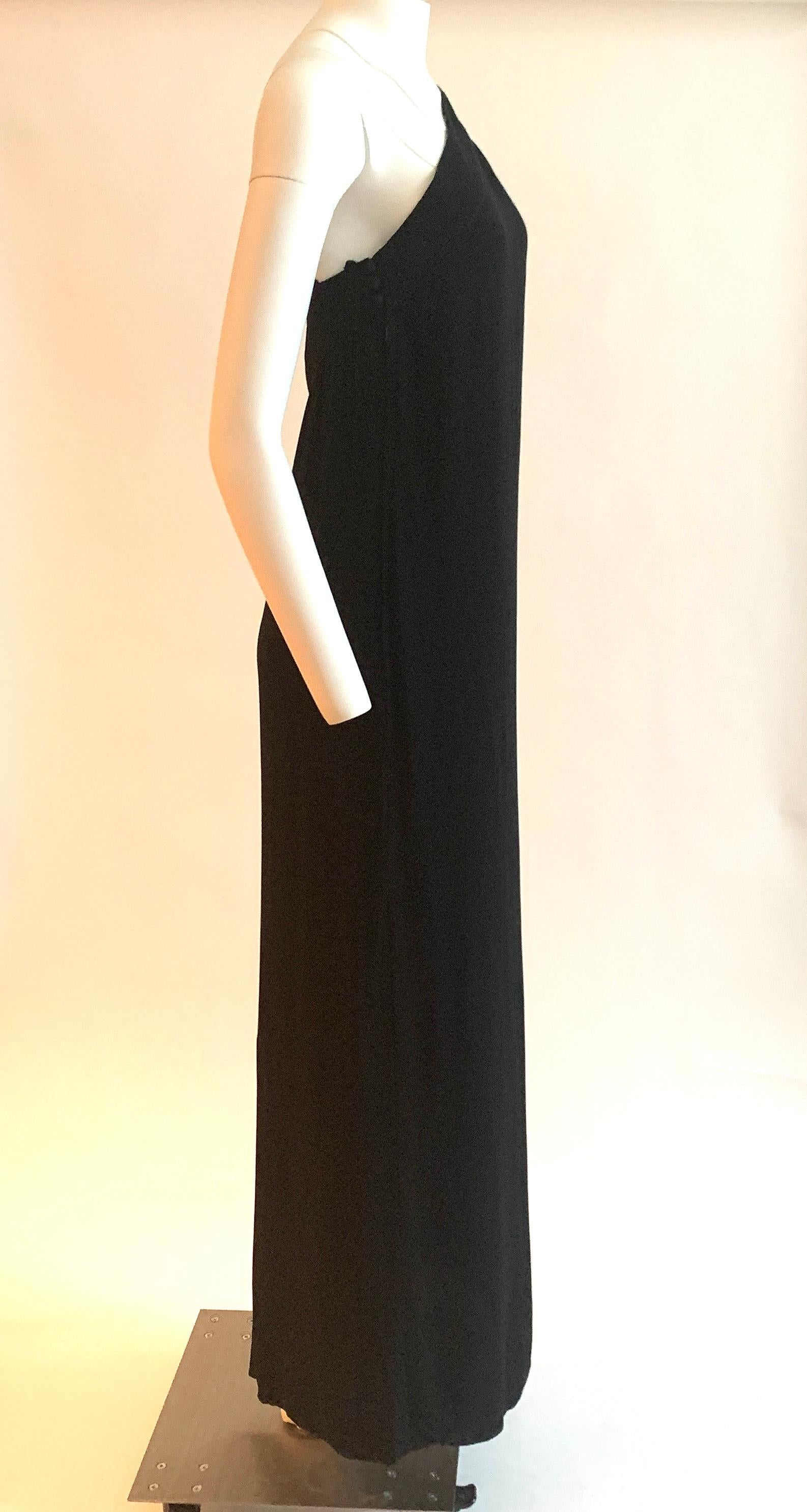 Adele Simpson 1970s Black One Shoulder Maxi Dress with Strap Detail at Back 1