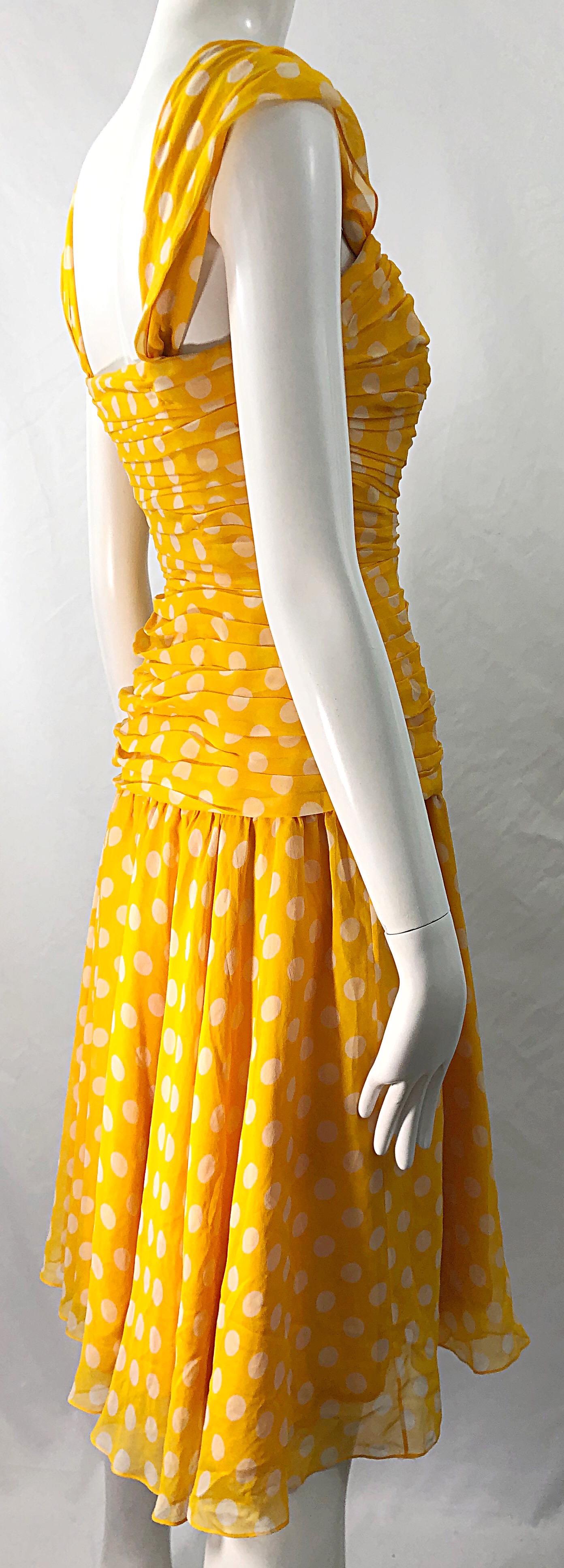 Adele Simpson 1980s Size 4 Yellow White Silk Chiffon Polka Dot Vintage 80s Dress For Sale 4