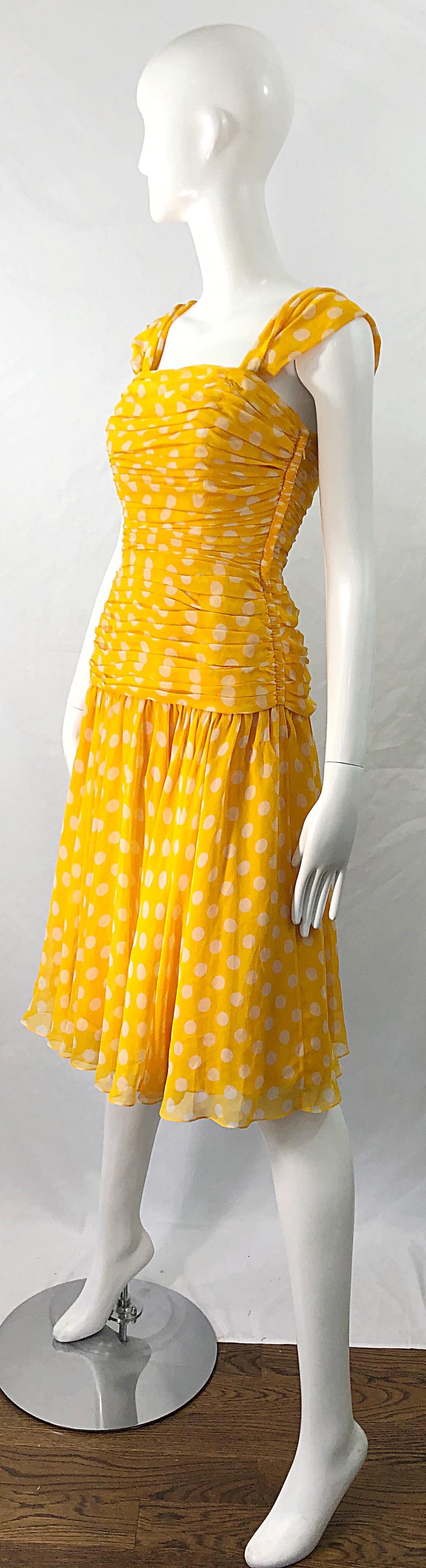 Orange Adele Simpson 1980s Size 4 Yellow White Silk Chiffon Polka Dot Vintage 80s Dress For Sale