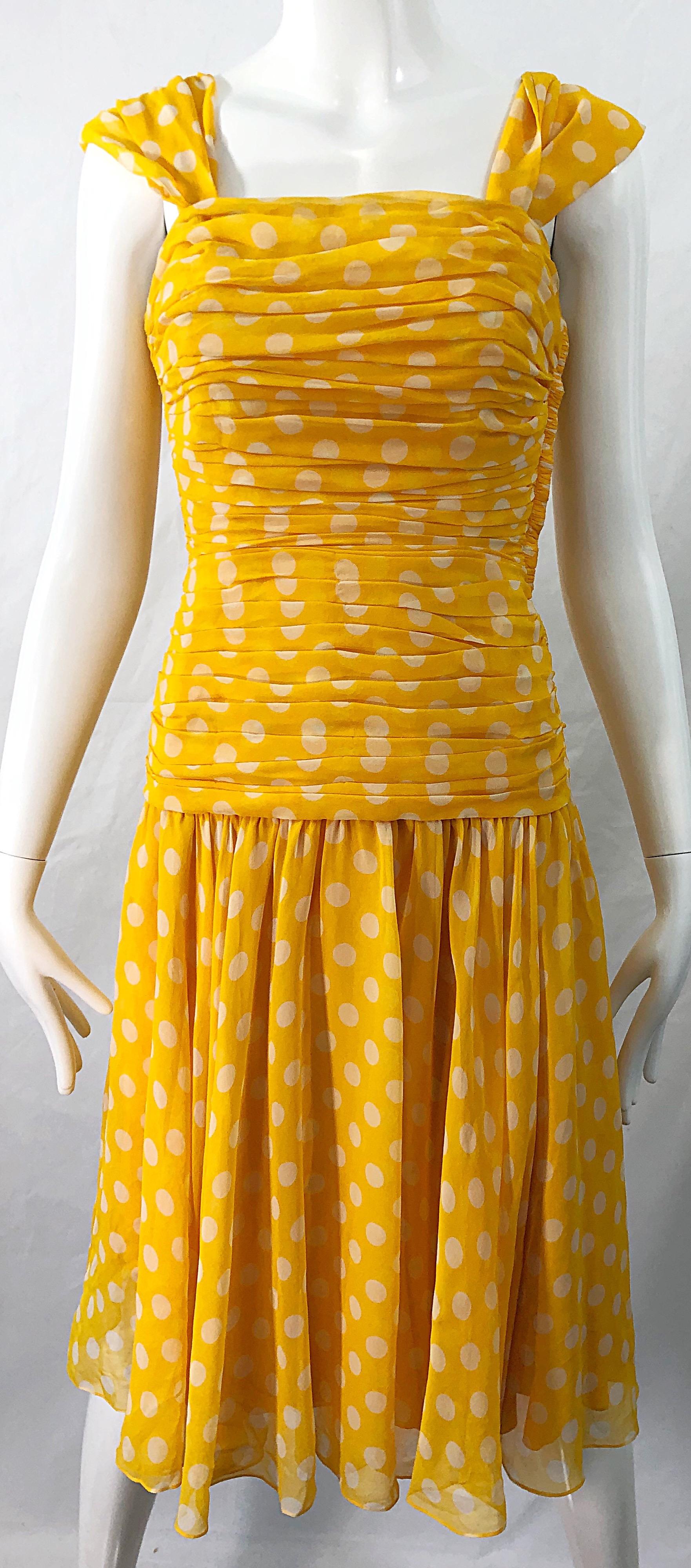 Adele Simpson 1980s Size 4 Yellow White Silk Chiffon Polka Dot Vintage 80s Dress For Sale 1