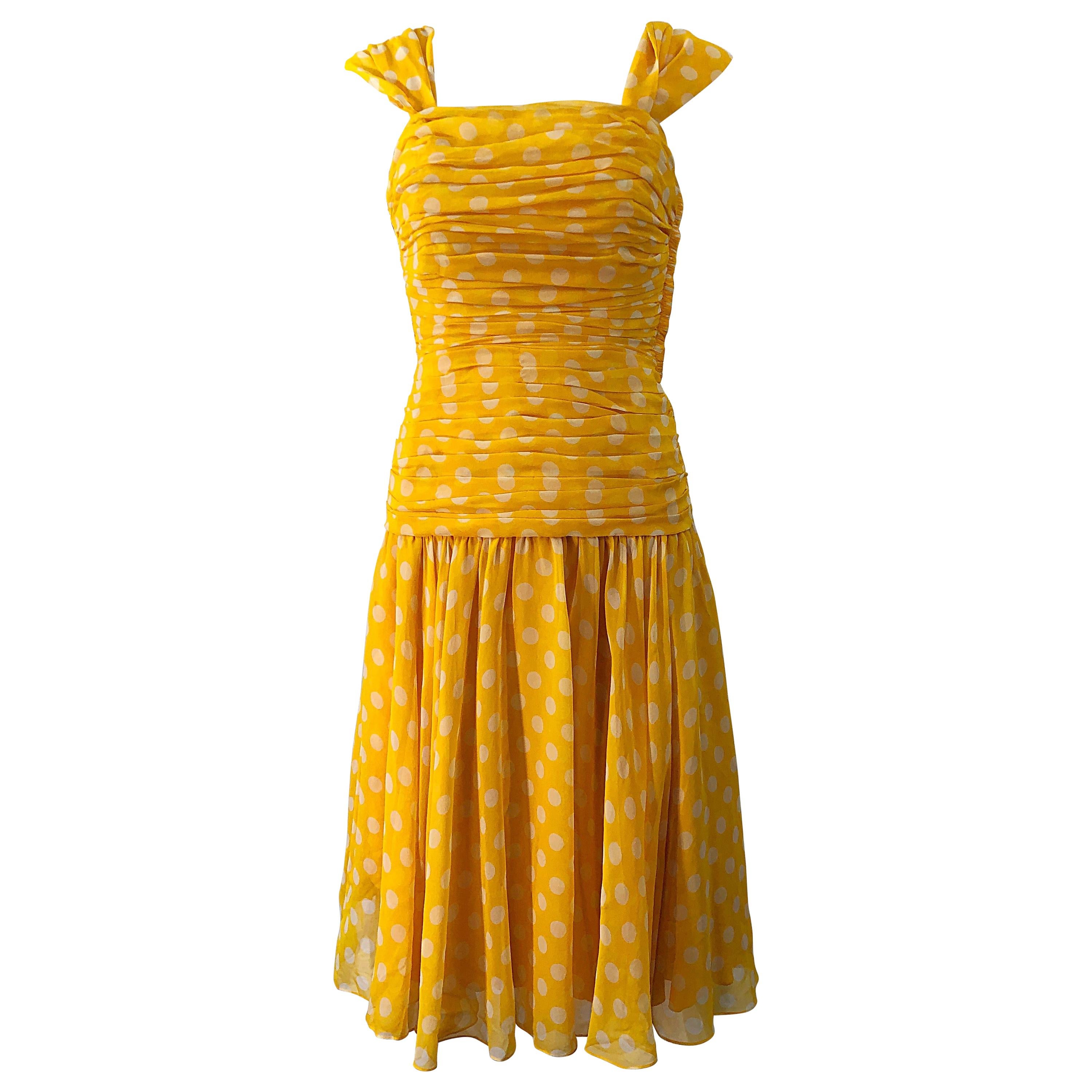 Adele Simpson 1980s Size 4 Yellow White Silk Chiffon Polka Dot Vintage 80s Dress