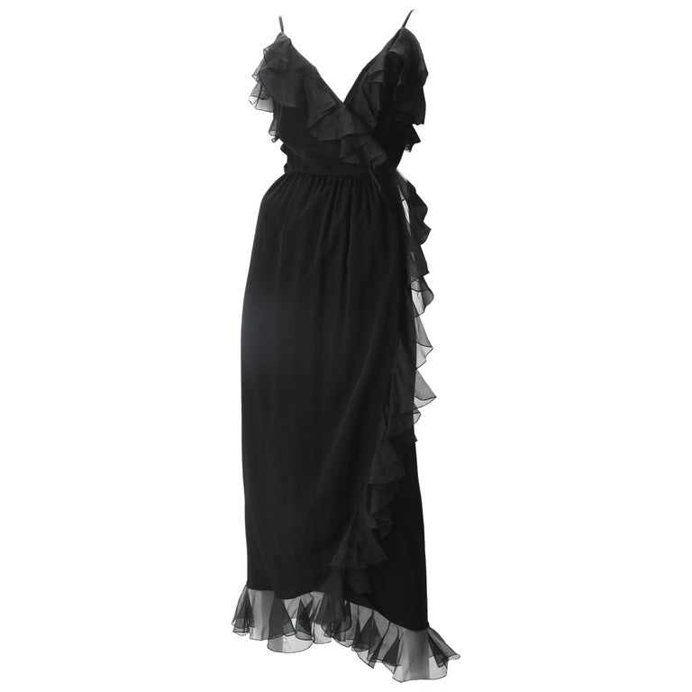 Adele Simpson Black Chiffon Wrap Dress, c.1970s. at 1stDibs