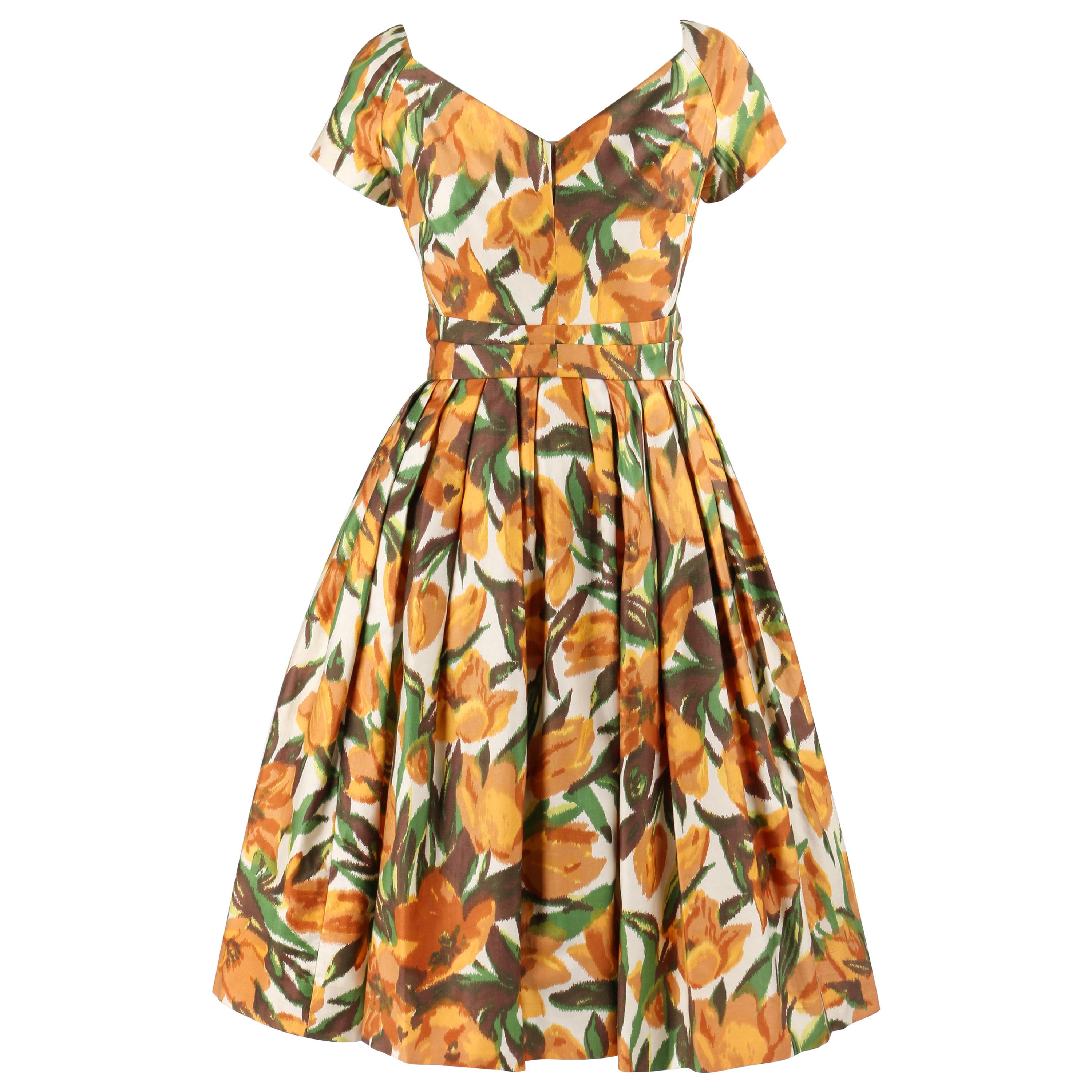 ADELE SIMPSON c.1950s Blooming Tulip Floral Sweetheart Neckline Party Day Dress