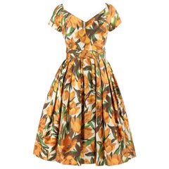 ADELE SIMPSON c.1950s Blooming Tulip Floral Sweetheart Neckline Party Tag Kleid