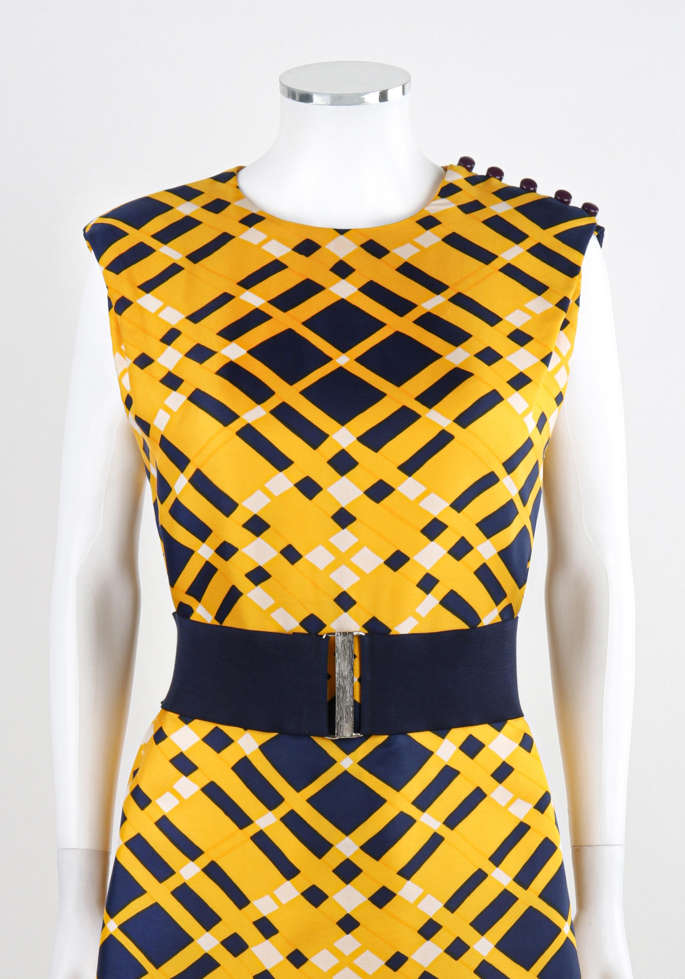 Women's ADELE SIMPSON c.1960's Multicolored Satin Plaid Belted Knee Length Day Dress For Sale