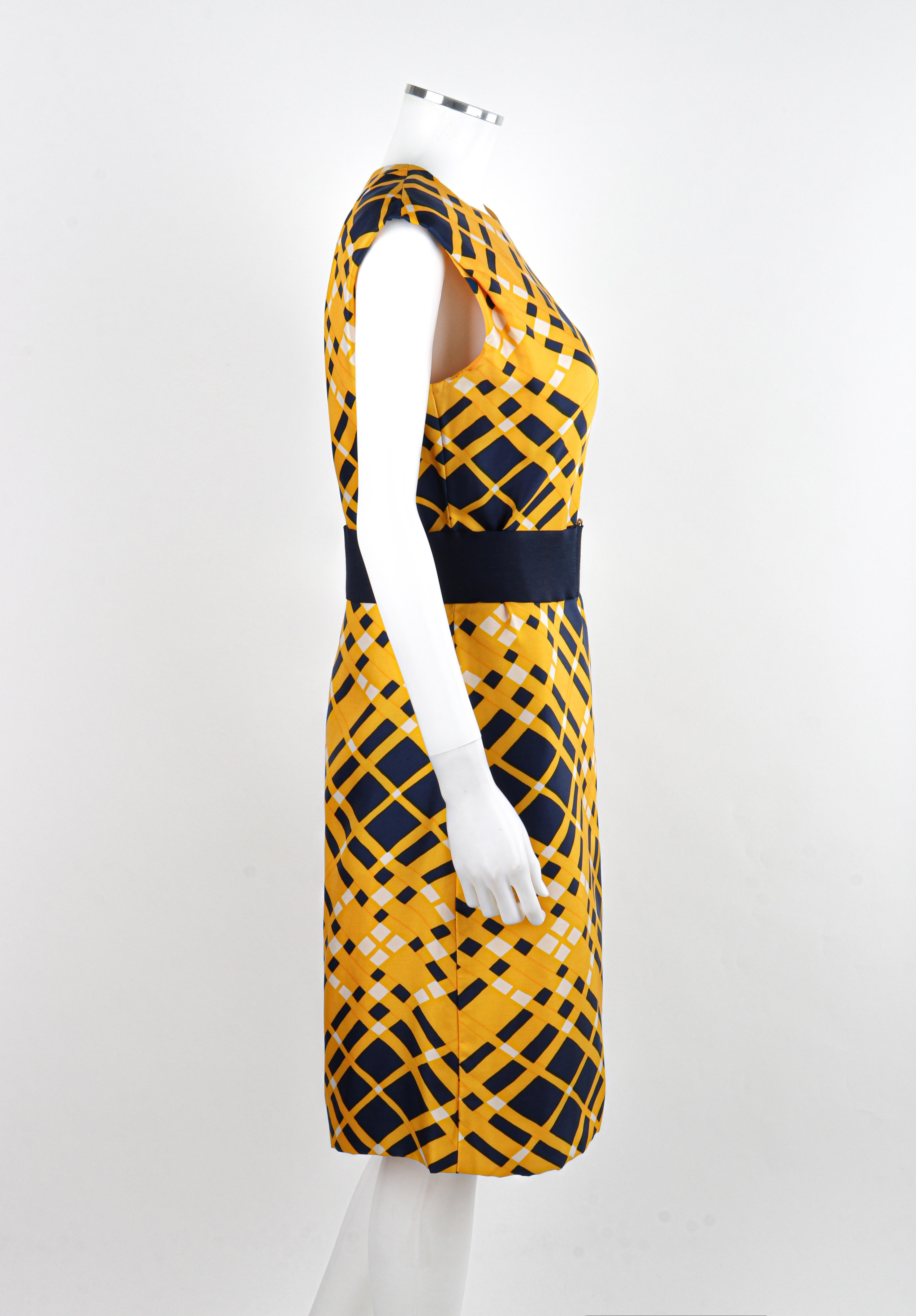 ADELE SIMPSON c.1960's Multicolored Satin Plaid Belted Knee Length Day Dress For Sale 1