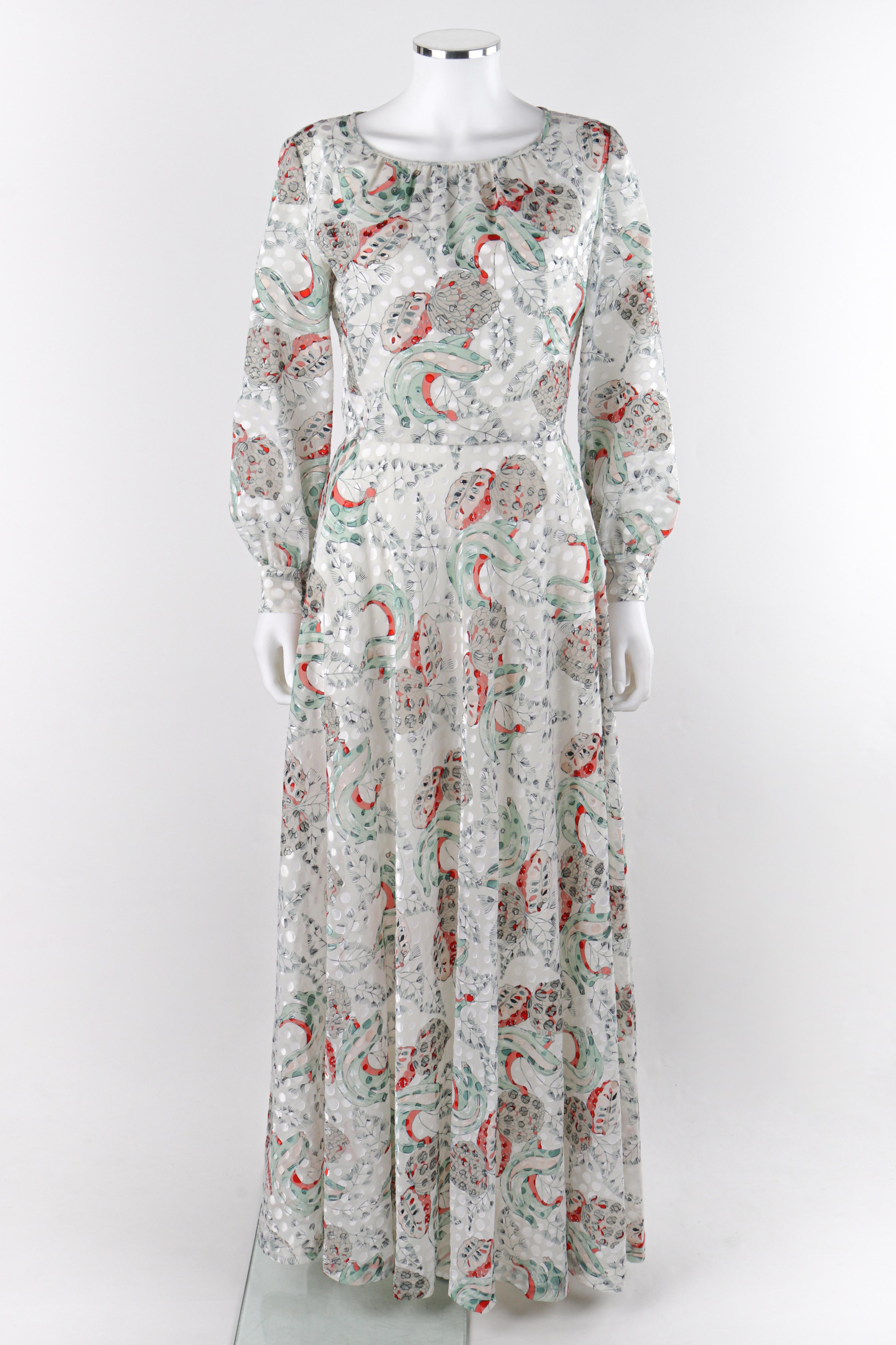 ADELE SIMPSON c.1970’s White Multicolor Floral Fruit Print Belted Maxi Day Dress

Circa: 1970’s
Label(s): Adele Simpson
Designer: Adele Simpson
Style: Maxi dress
Color(s): Shades of white, gray, green, red, and beige
Lined: Yes
Unmarked Fabric