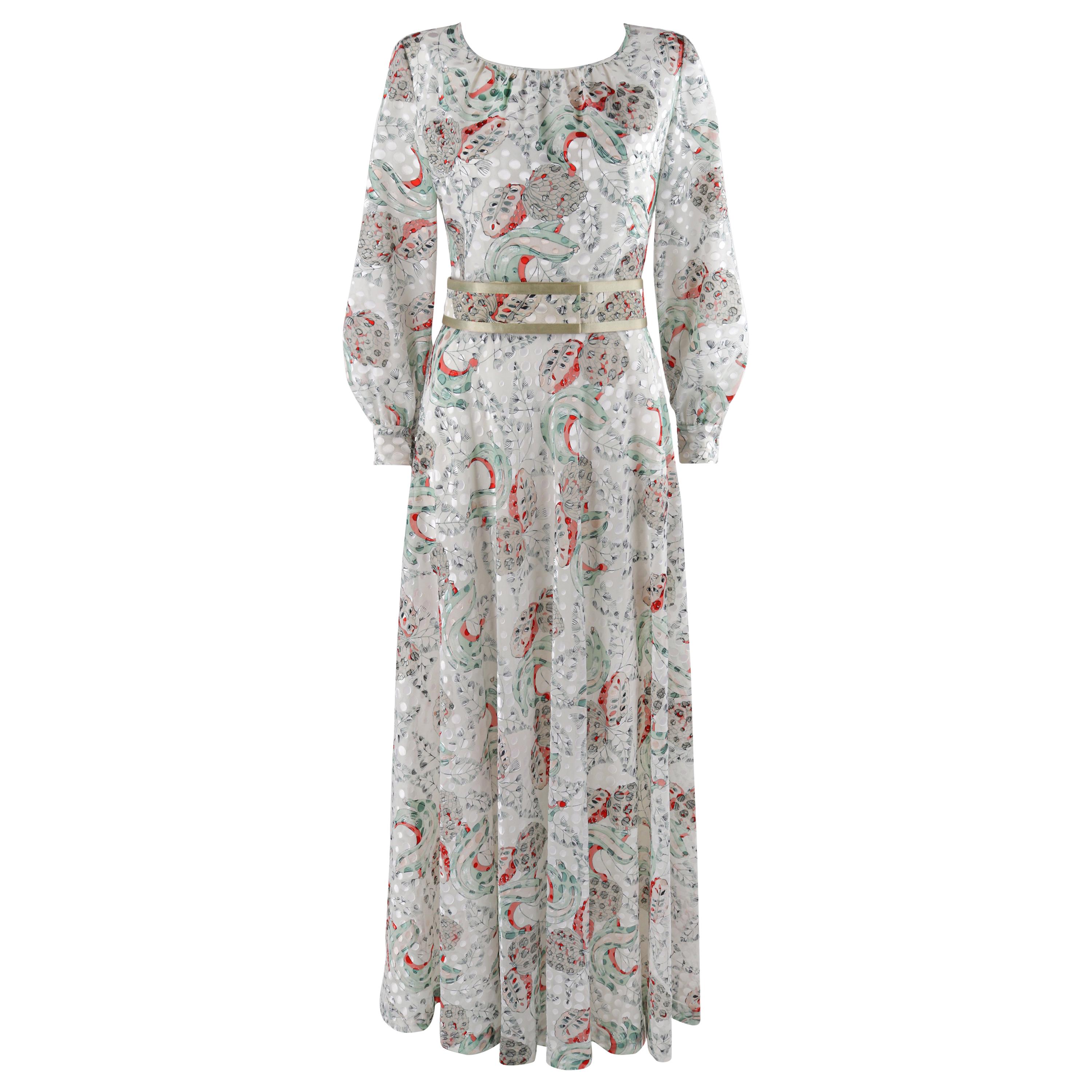 ADELE SIMPSON c.1970’s White Multicolor Floral Fruit Print Belted Maxi Day Dress