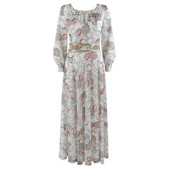 ADELE SIMPSON ca. 1970er Weißes mehrfarbiges Maxikleid mit Blumenmuster und Gürtel