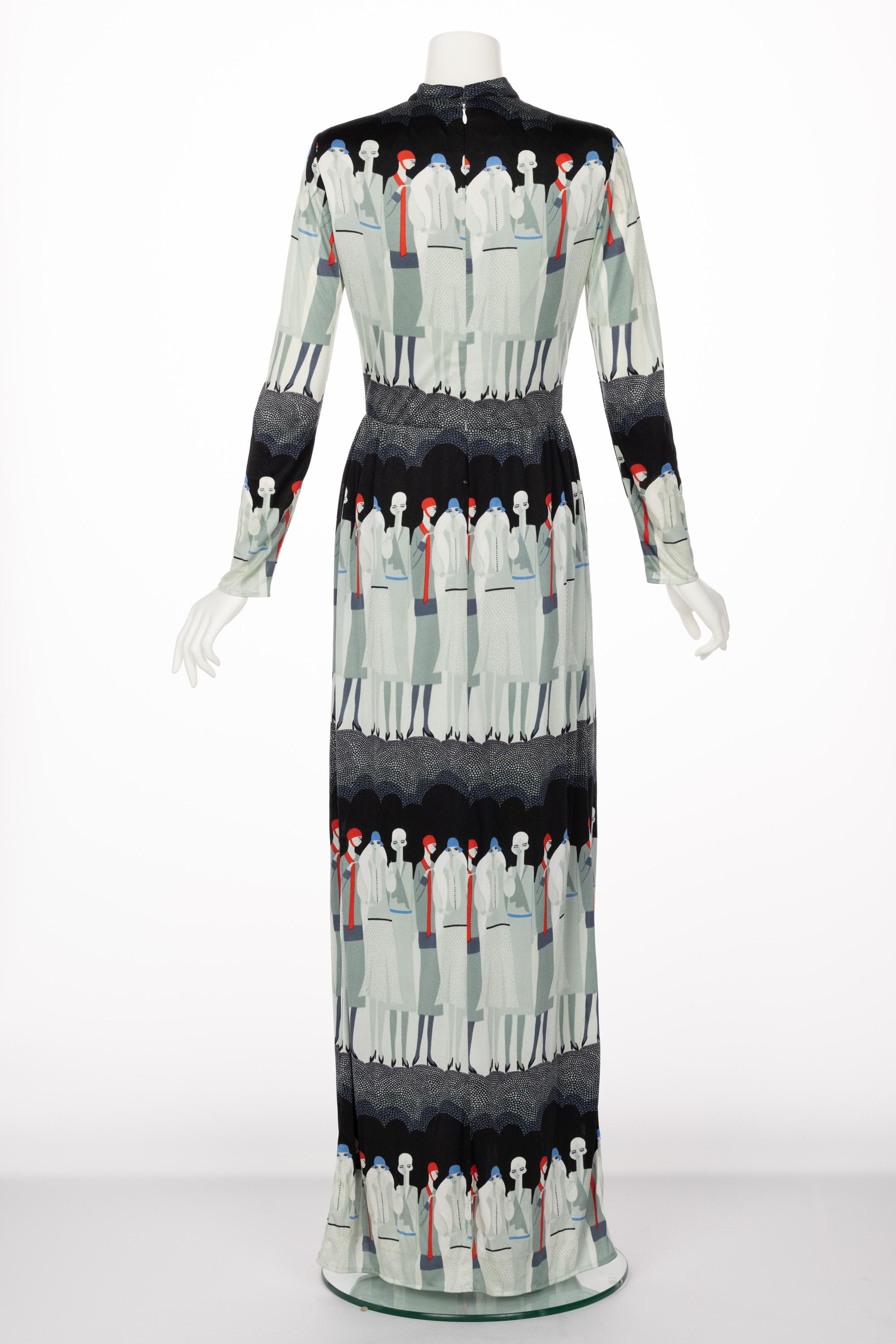 Gray Adele Simpson Flapper Lady Print Maxi Dress, 1970s