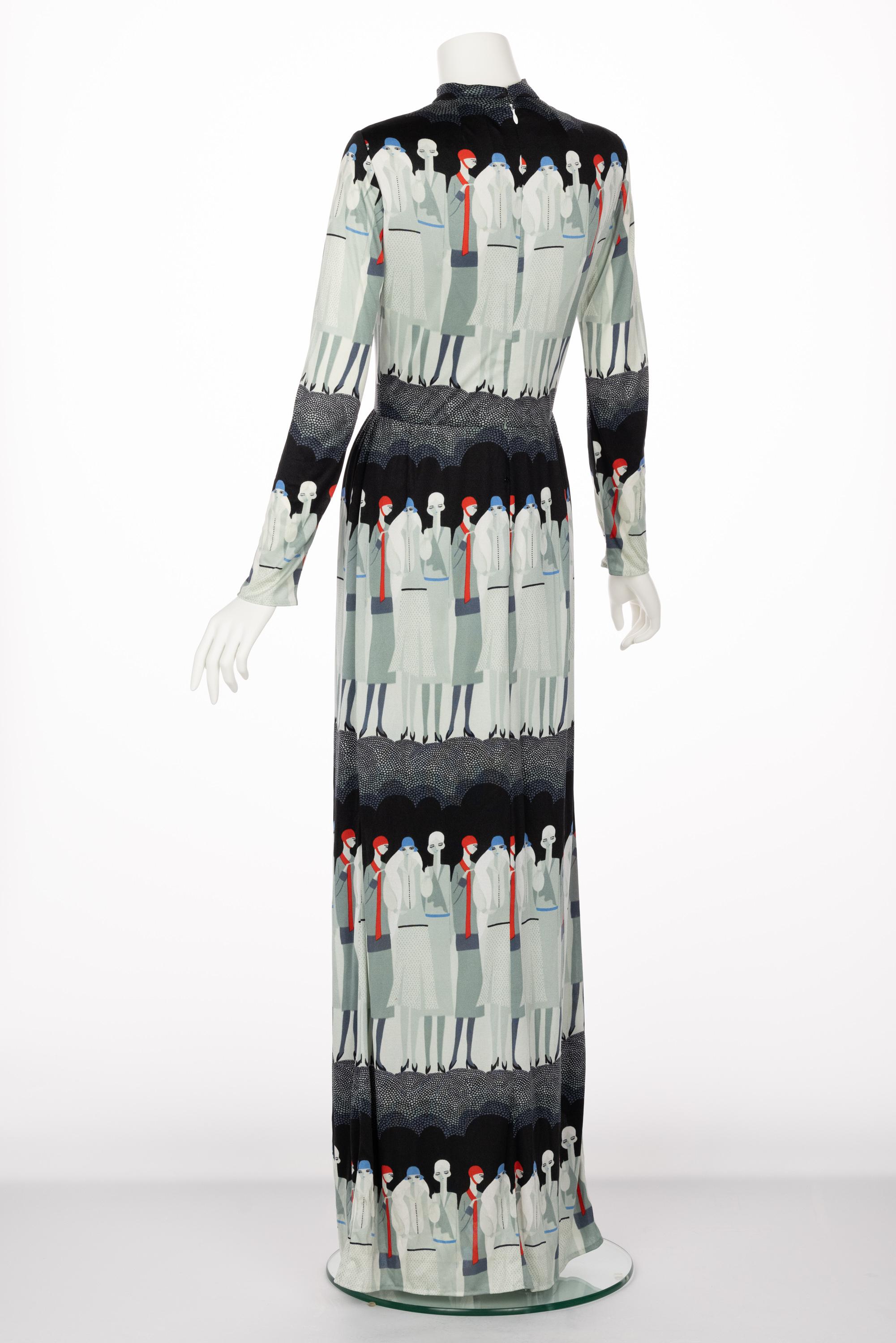 Adele Simpson Flapper Lady Print Maxi Dress, 1970s In Excellent Condition In Boca Raton, FL