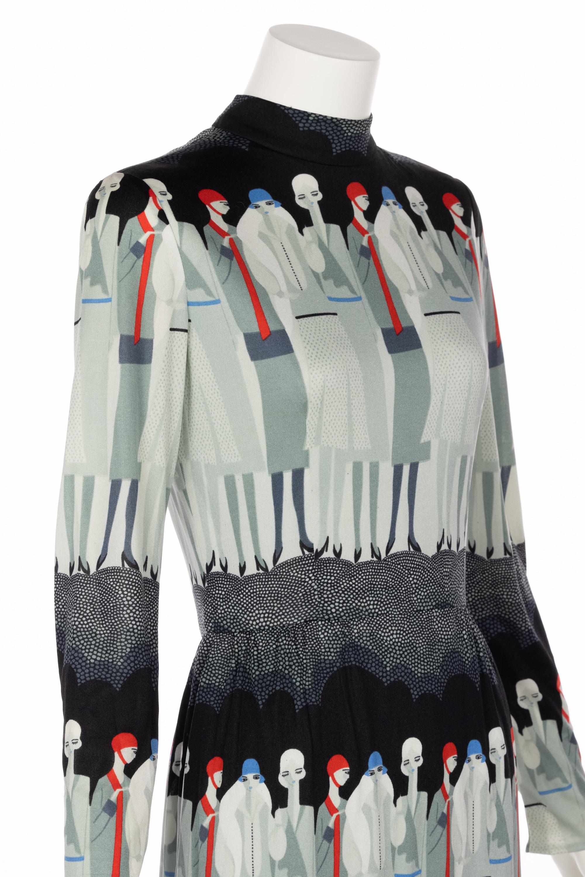 Adele Simpson Flapper Lady Print Maxi Dress, 1970s 2